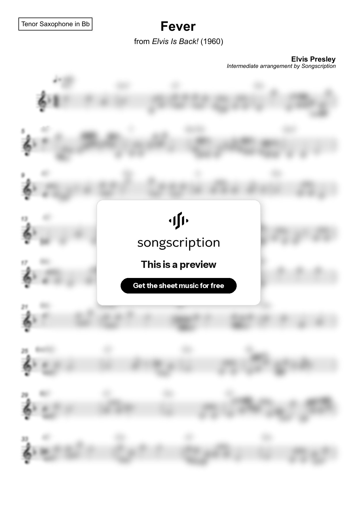 Intermediate Tenor Sax Sheet Music for "Fever" by Elvis Presley