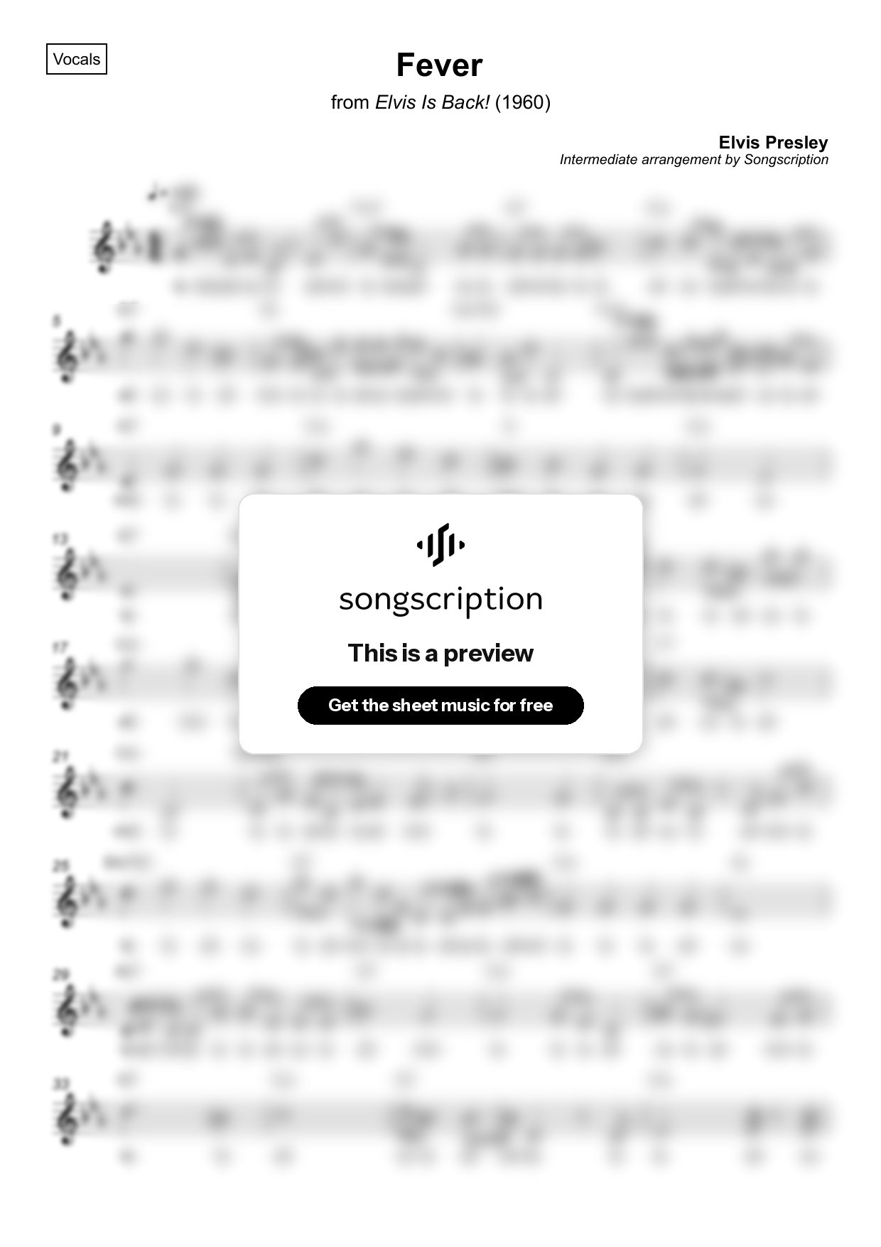 Intermediate Vocals Sheet Music for "Fever" by Elvis Presley