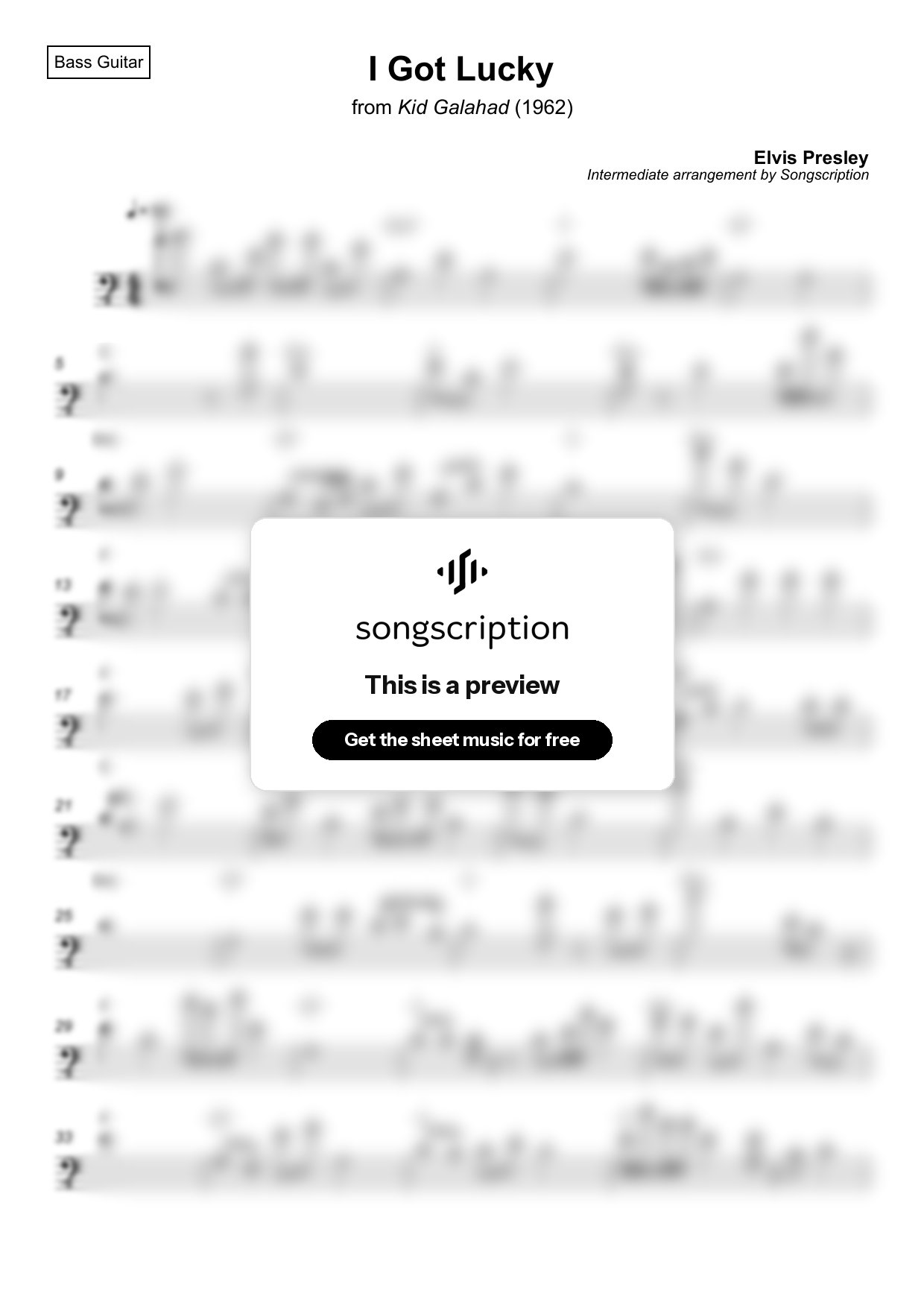 Intermediate Bass Guitar Sheet Music for "I Got Lucky" by Elvis Presley
