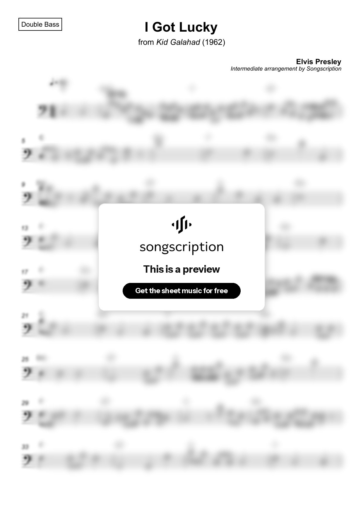 Intermediate Double Bass Sheet Music for "I Got Lucky" by Elvis Presley