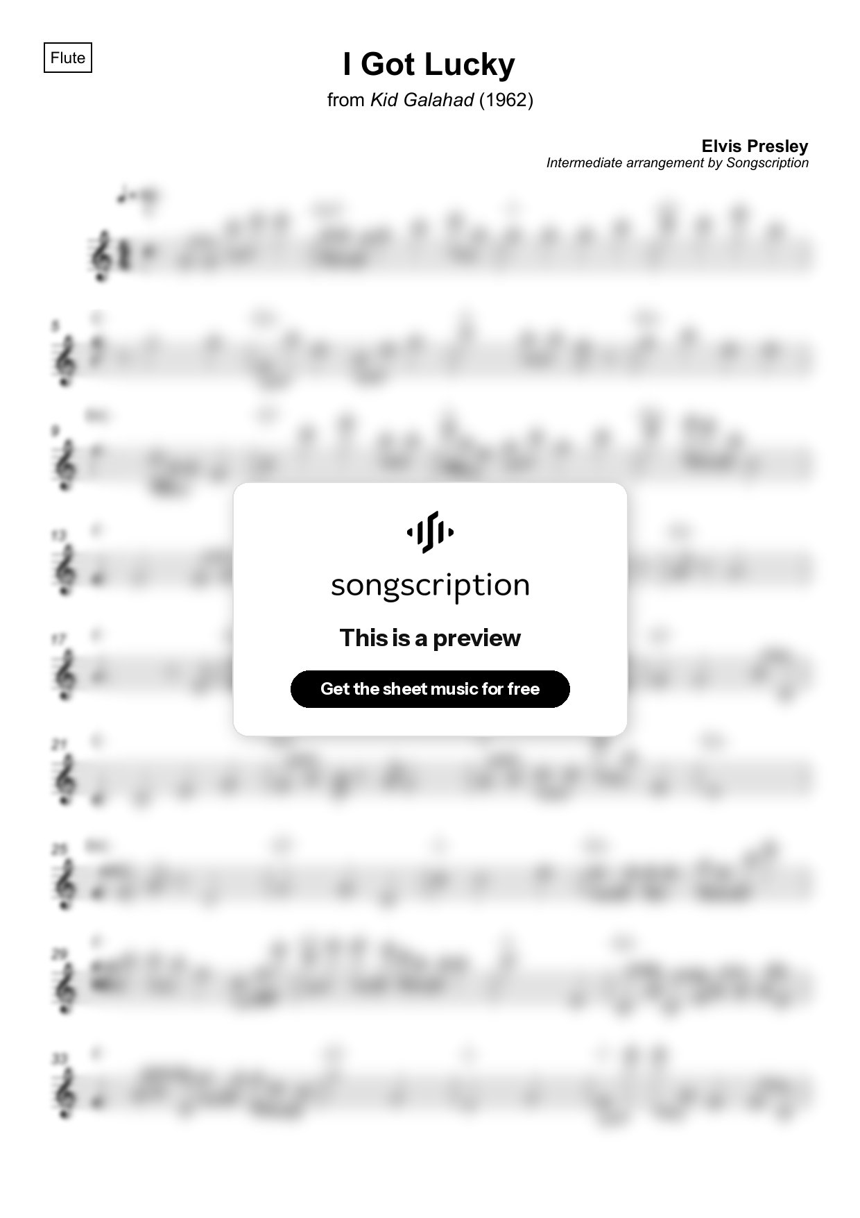 Intermediate Flute Sheet Music for "I Got Lucky" by Elvis Presley