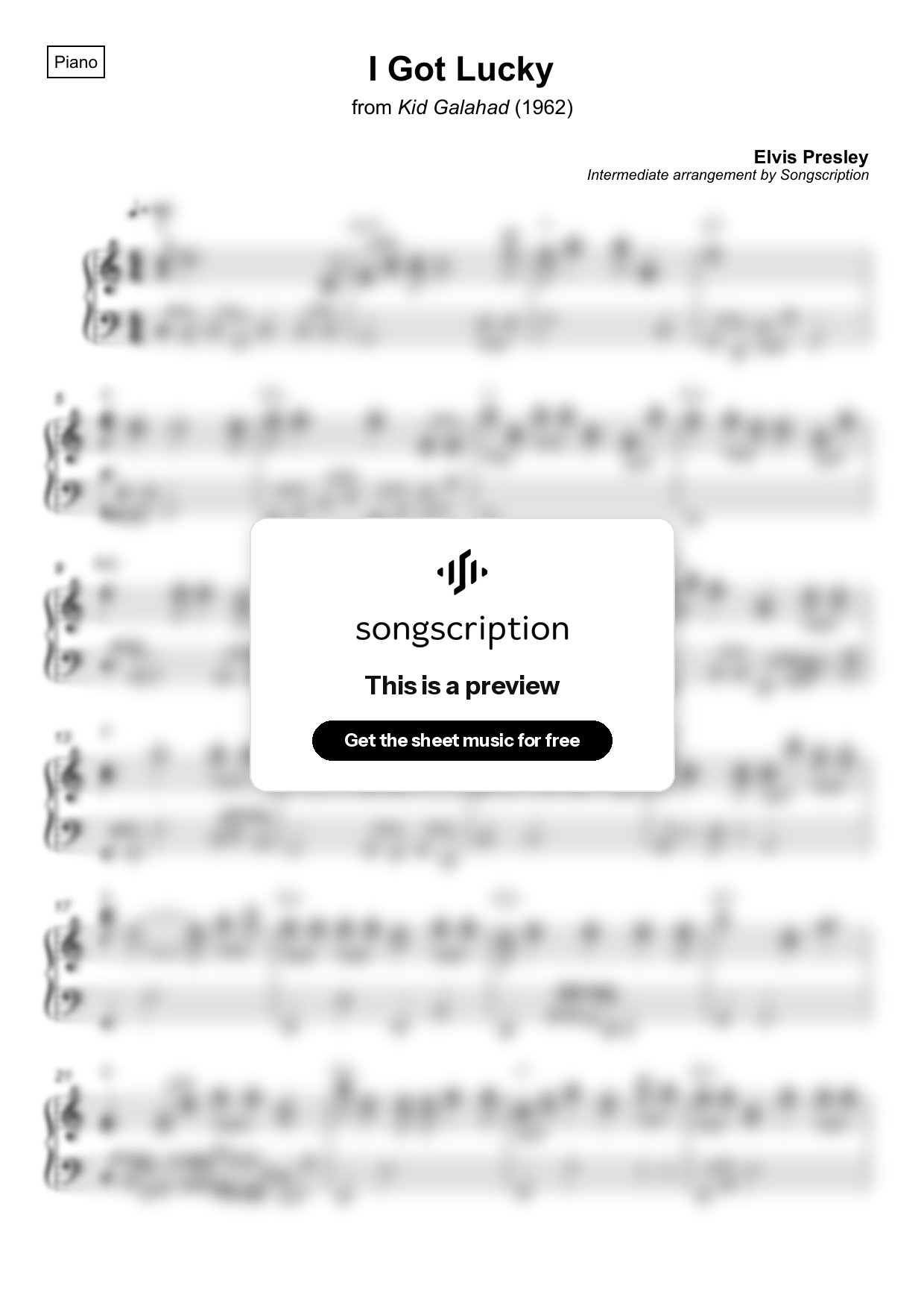 Intermediate Piano Sheet Music for "I Got Lucky" by Elvis Presley