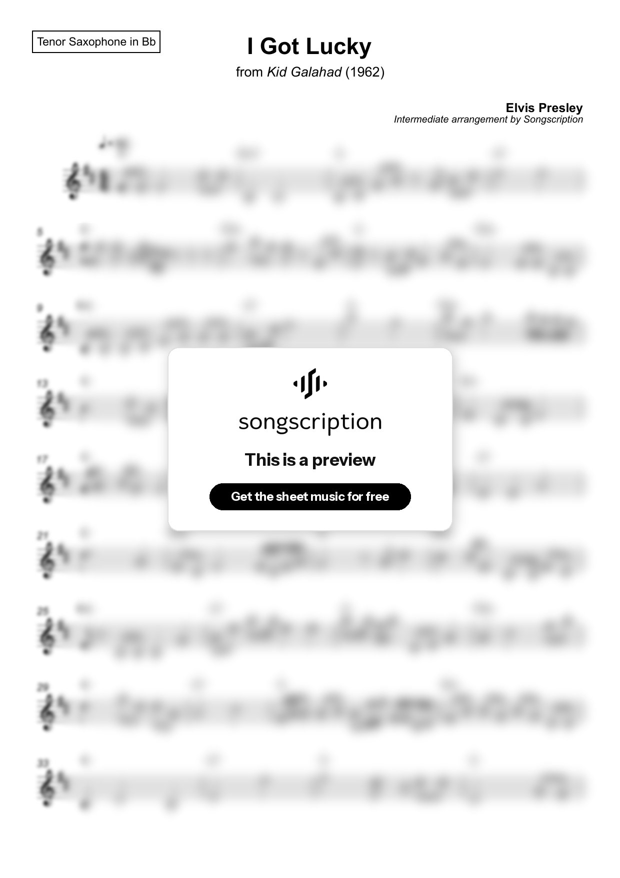 Intermediate Tenor Sax Sheet Music for "I Got Lucky" by Elvis Presley