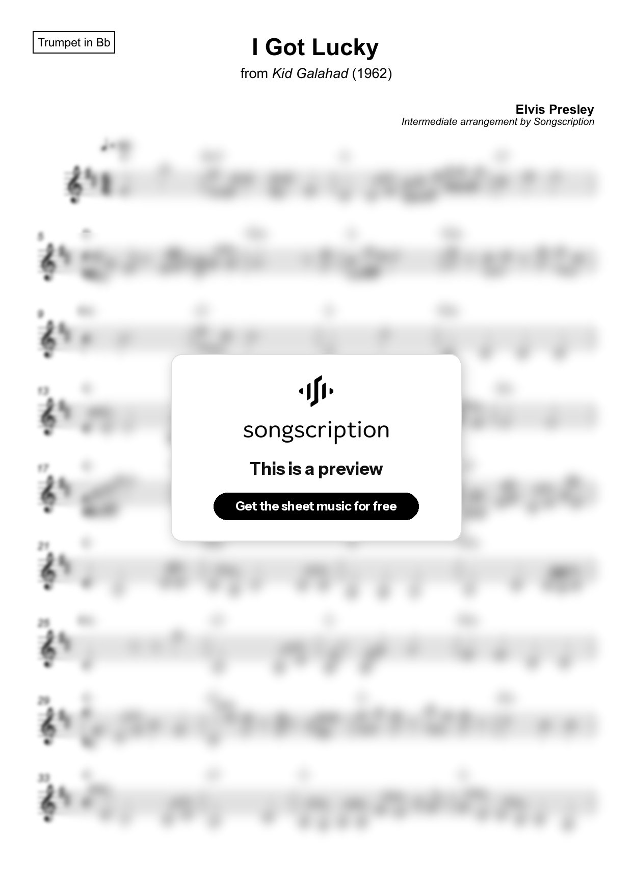 Intermediate Trumpet Sheet Music for "I Got Lucky" by Elvis Presley