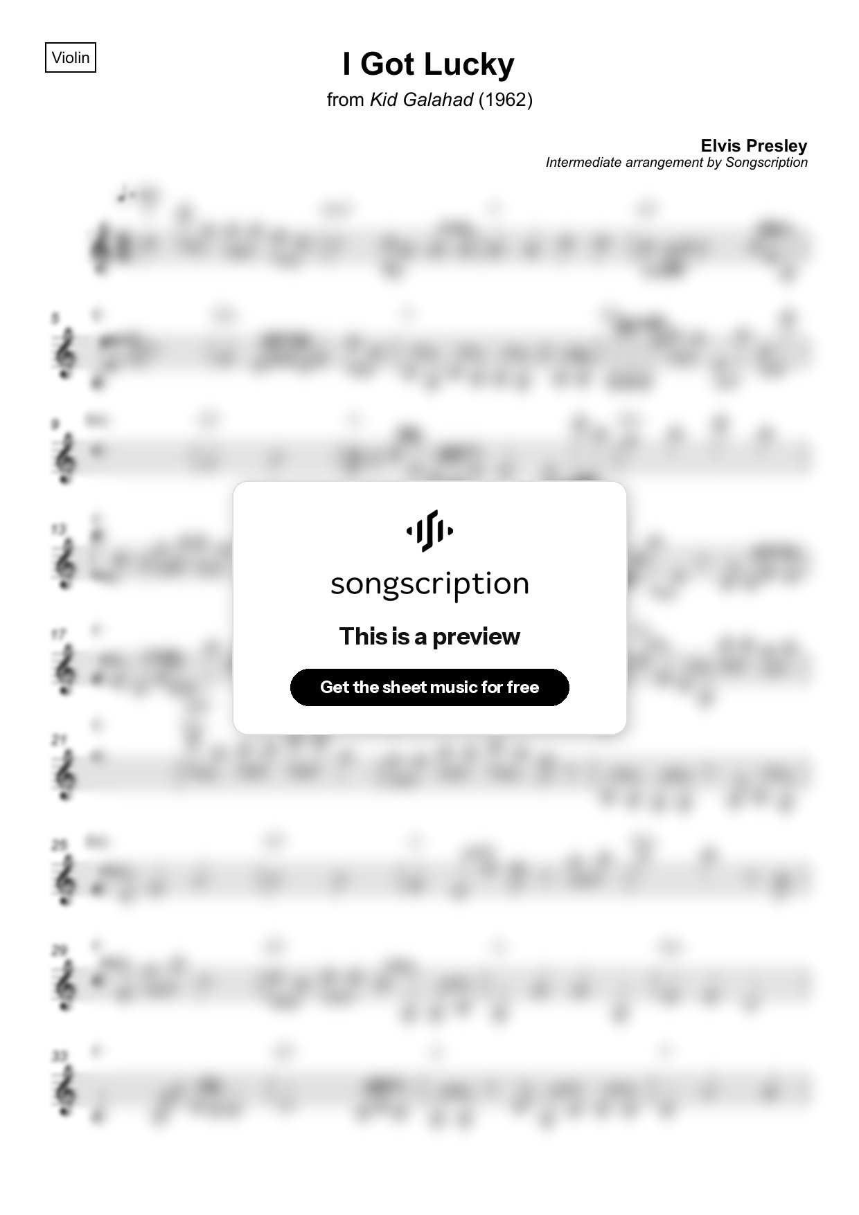 Intermediate Violin Sheet Music for "I Got Lucky" by Elvis Presley