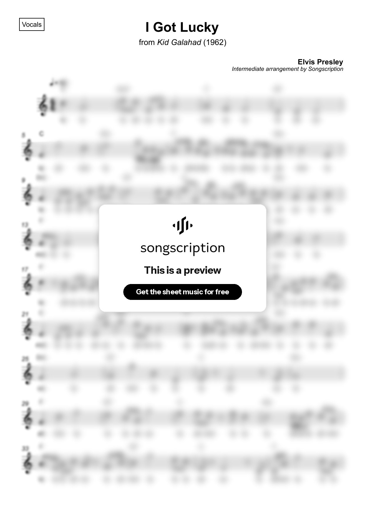 Intermediate Vocals Sheet Music for "I Got Lucky" by Elvis Presley