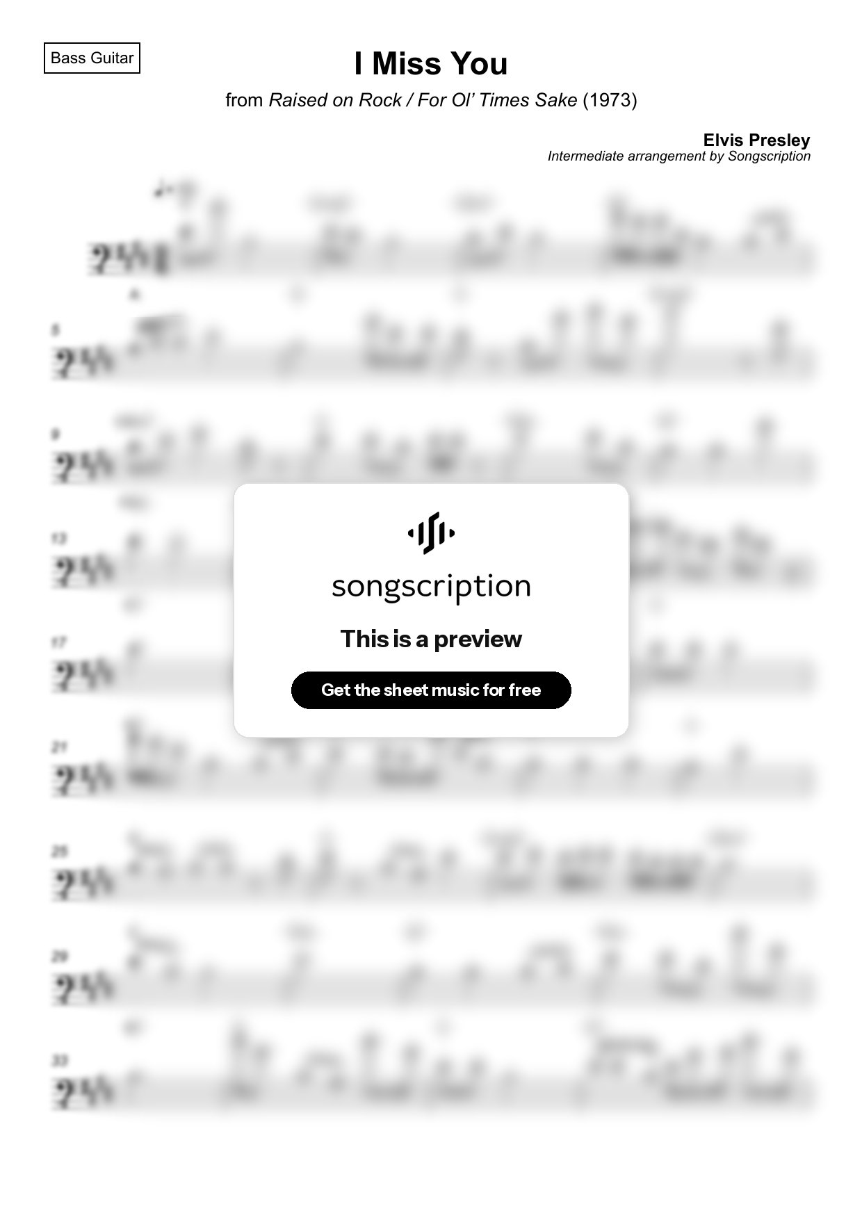Intermediate Bass Guitar Sheet Music for "I Miss You" by Elvis Presley