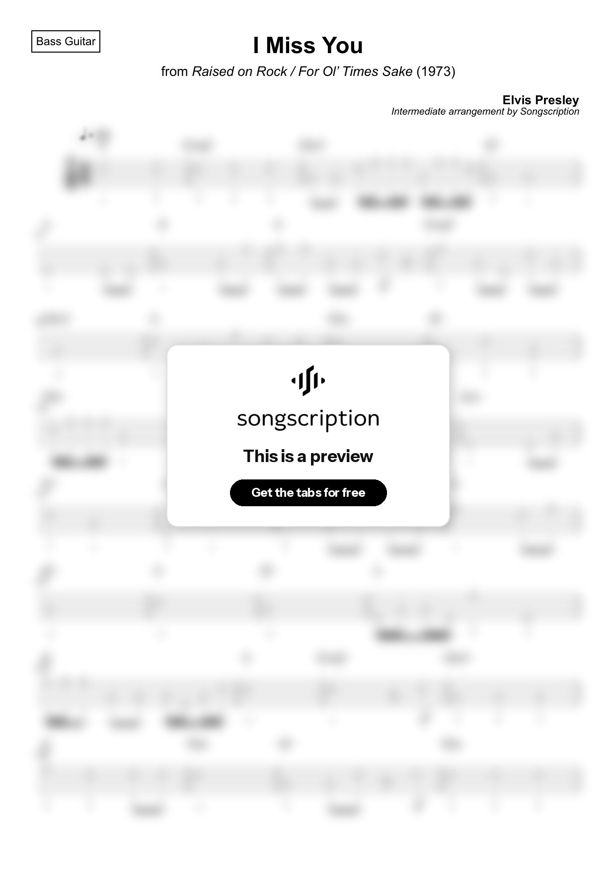 Intermediate Bass Guitar Tabs for "I Miss You" by Elvis Presley