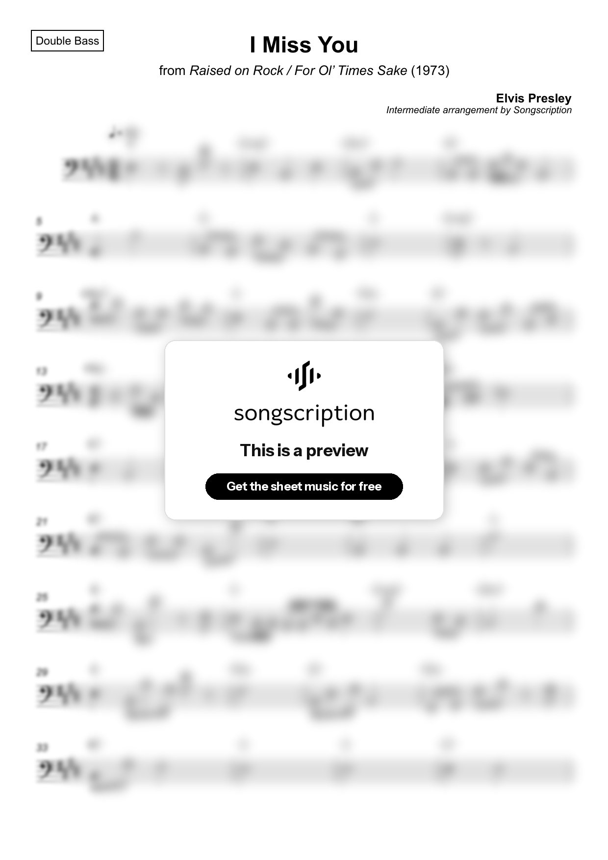 Intermediate Double Bass Sheet Music for "I Miss You" by Elvis Presley