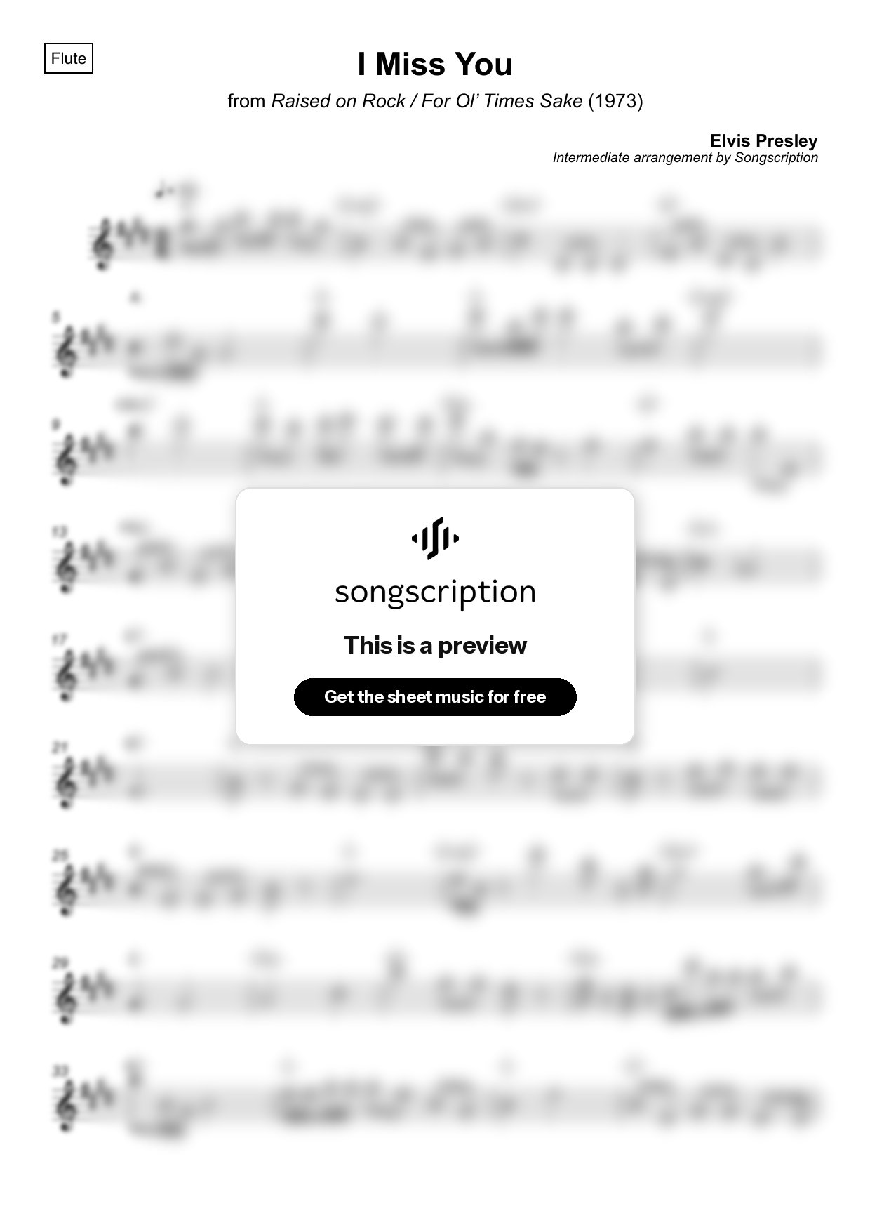 Intermediate Flute Sheet Music for "I Miss You" by Elvis Presley