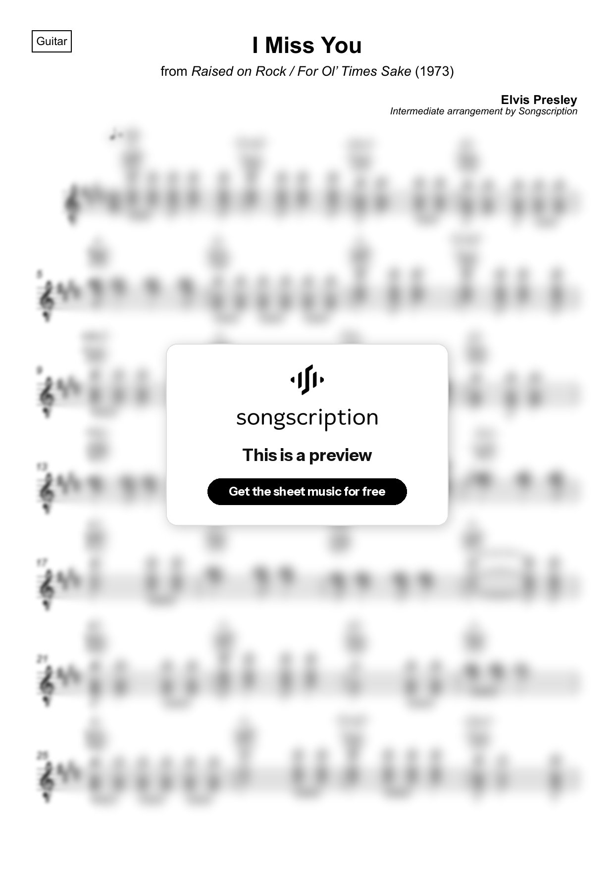 Intermediate Acoustic Guitar Sheet Music for "I Miss You" by Elvis Presley