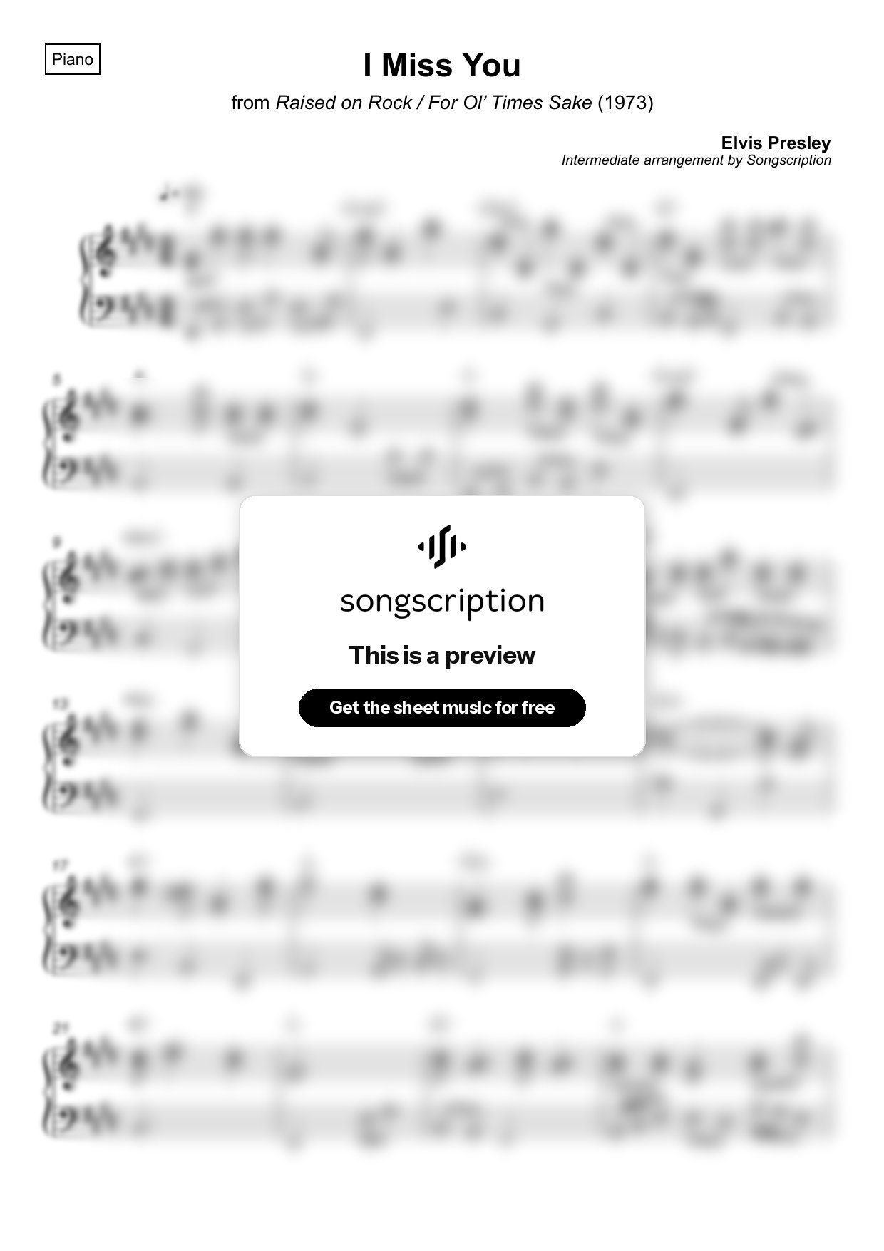 Intermediate Piano Sheet Music for "I Miss You" by Elvis Presley