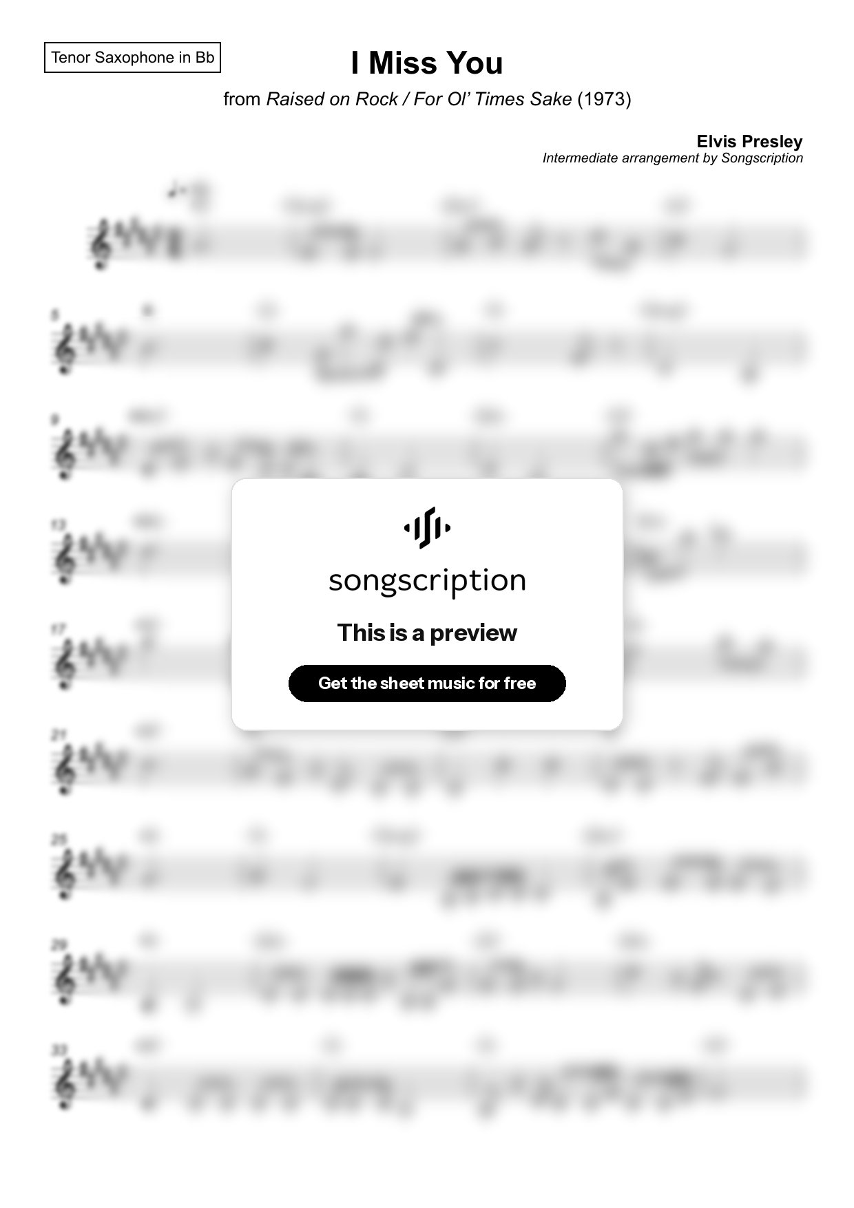 Intermediate Tenor Sax Sheet Music for "I Miss You" by Elvis Presley