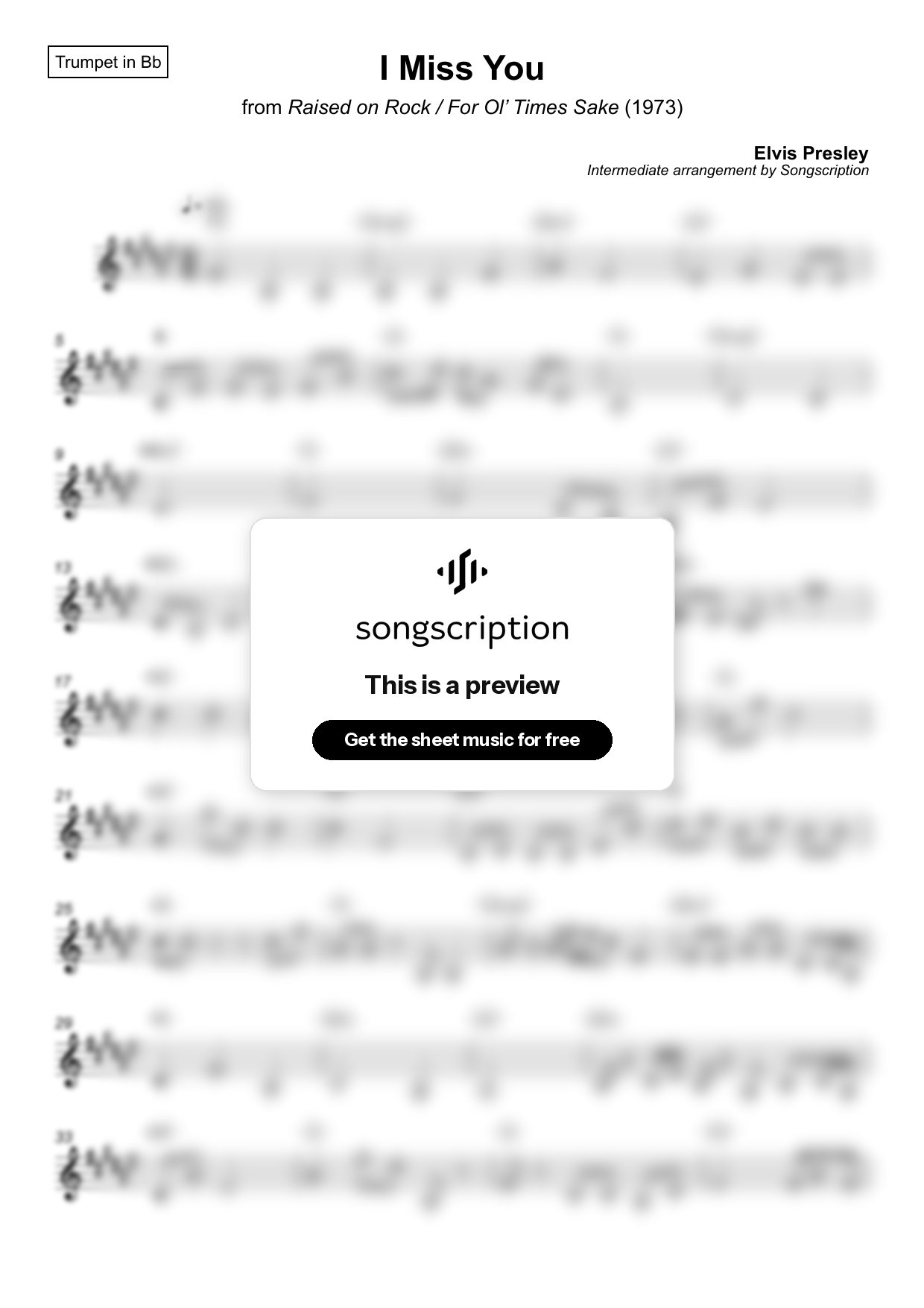 Intermediate Trumpet Sheet Music for "I Miss You" by Elvis Presley