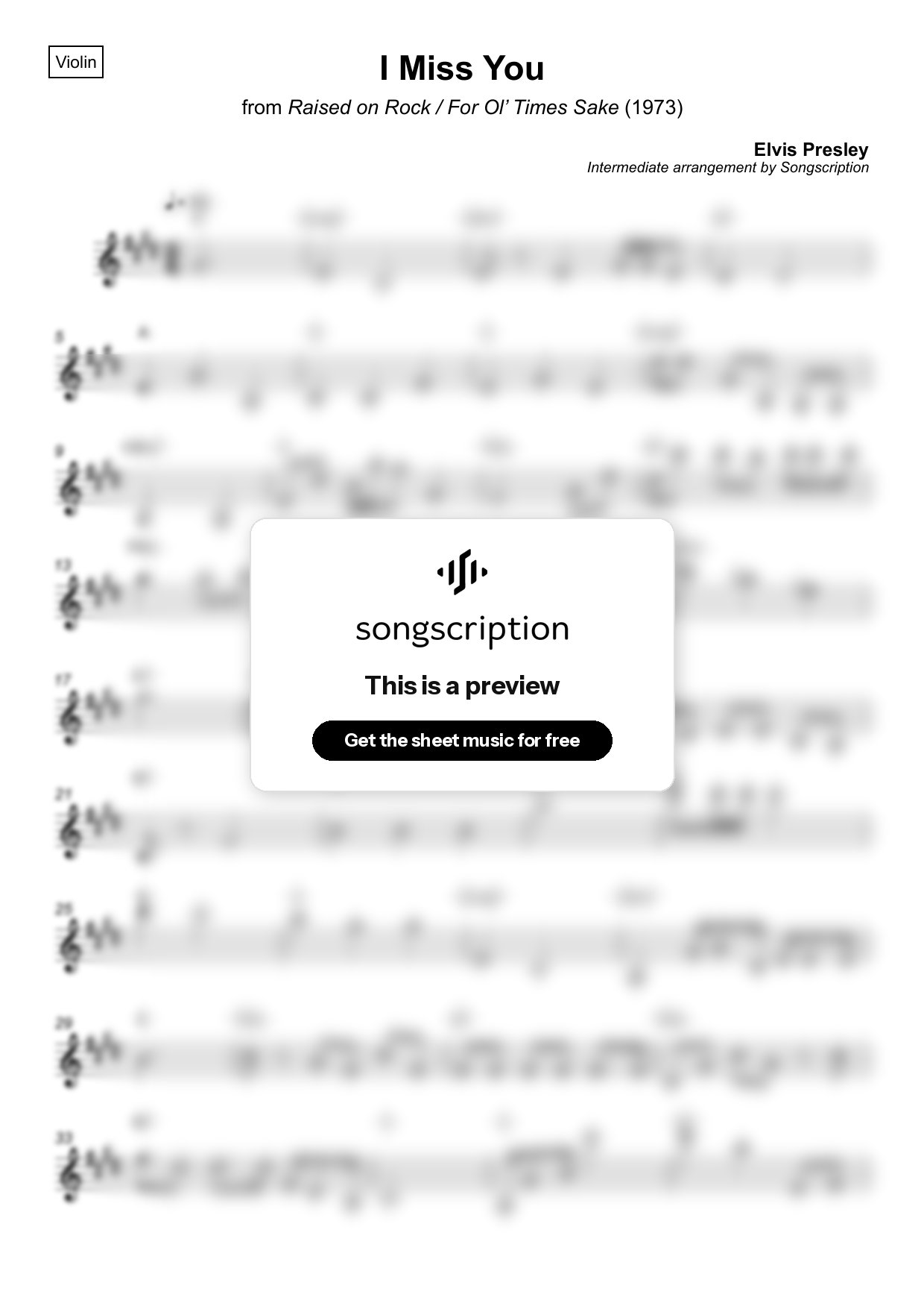 Intermediate Violin Sheet Music for "I Miss You" by Elvis Presley