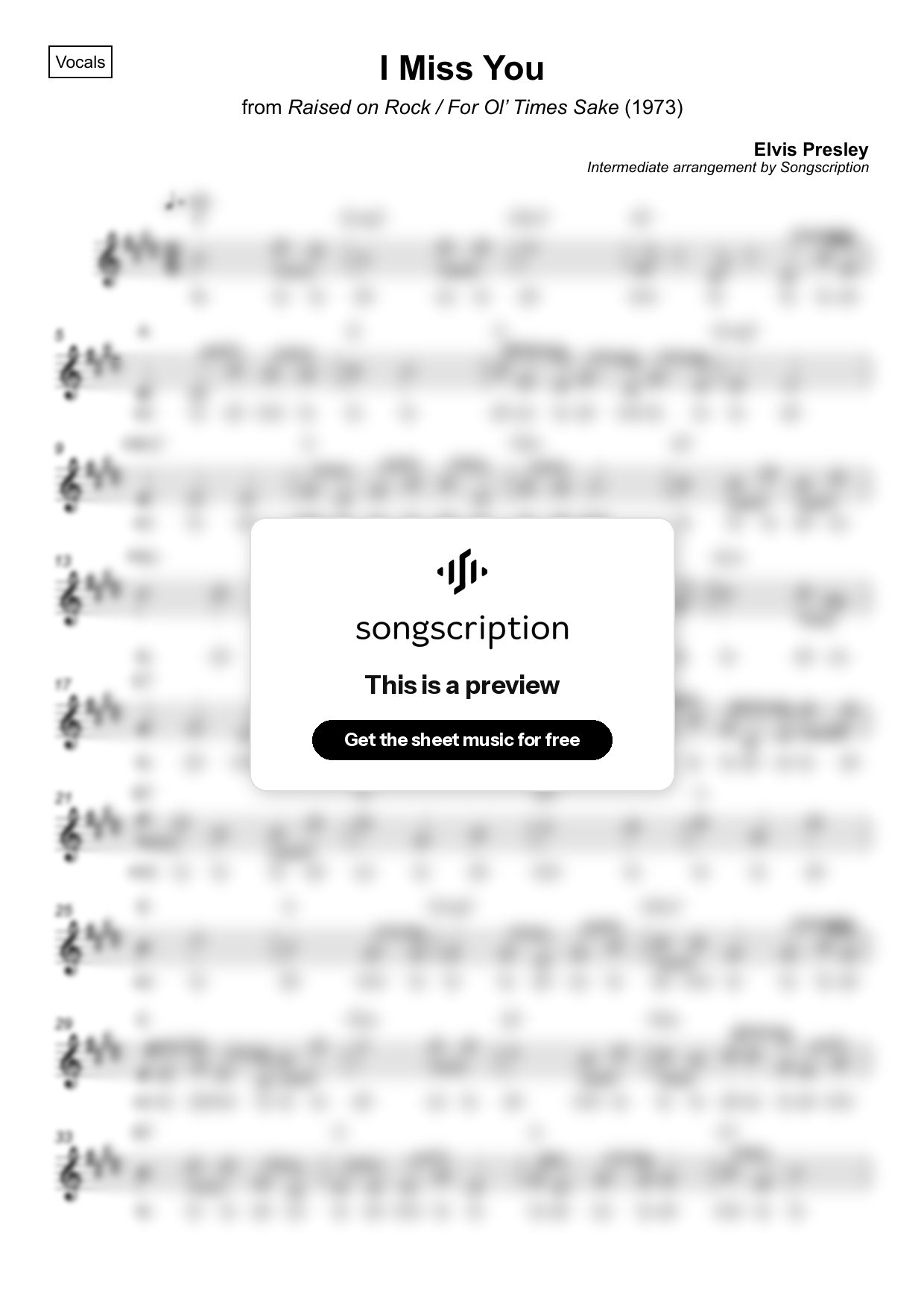 Intermediate Vocals Sheet Music for "I Miss You" by Elvis Presley