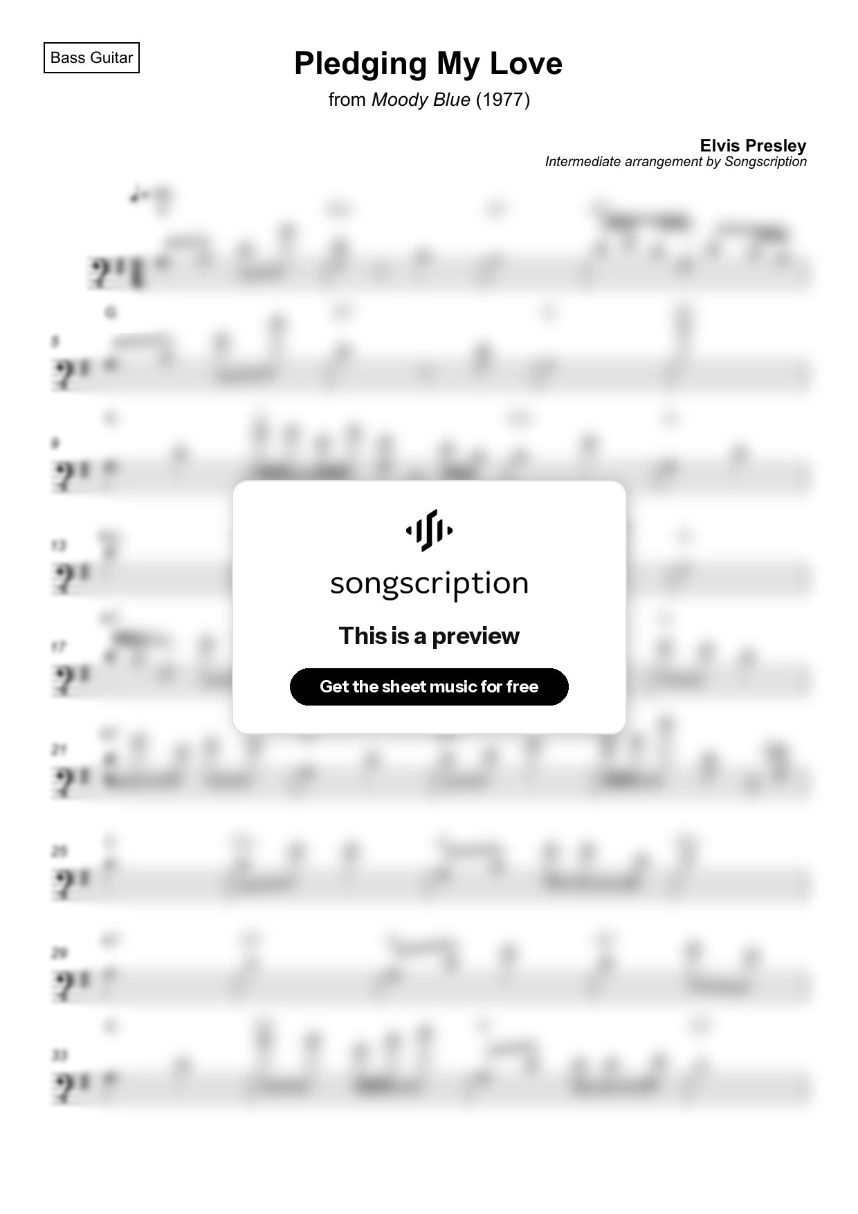 Intermediate Bass Guitar Sheet Music for "Pledging My Love" by Elvis Presley