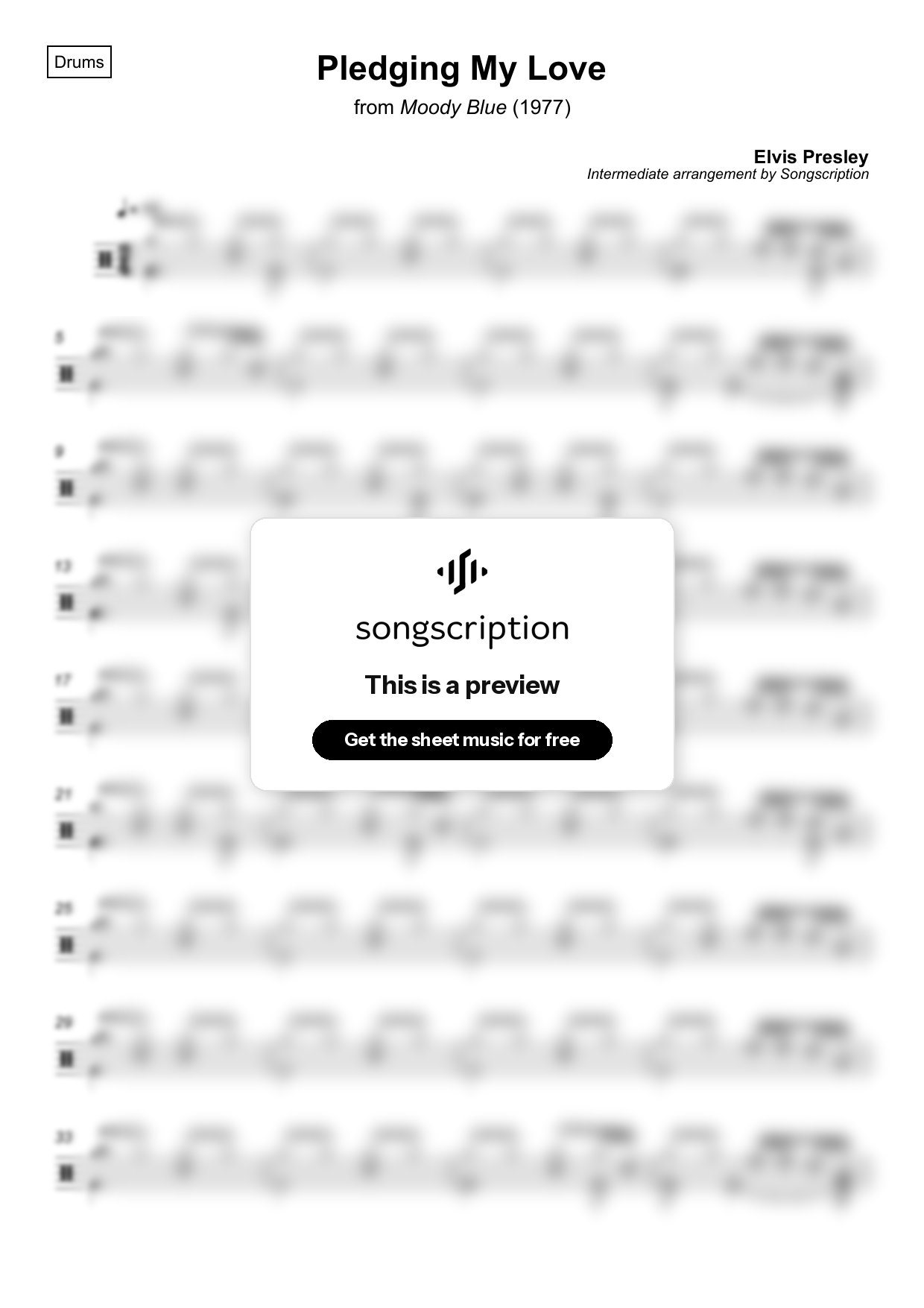 Intermediate Drums Sheet Music for "Pledging My Love" by Elvis Presley