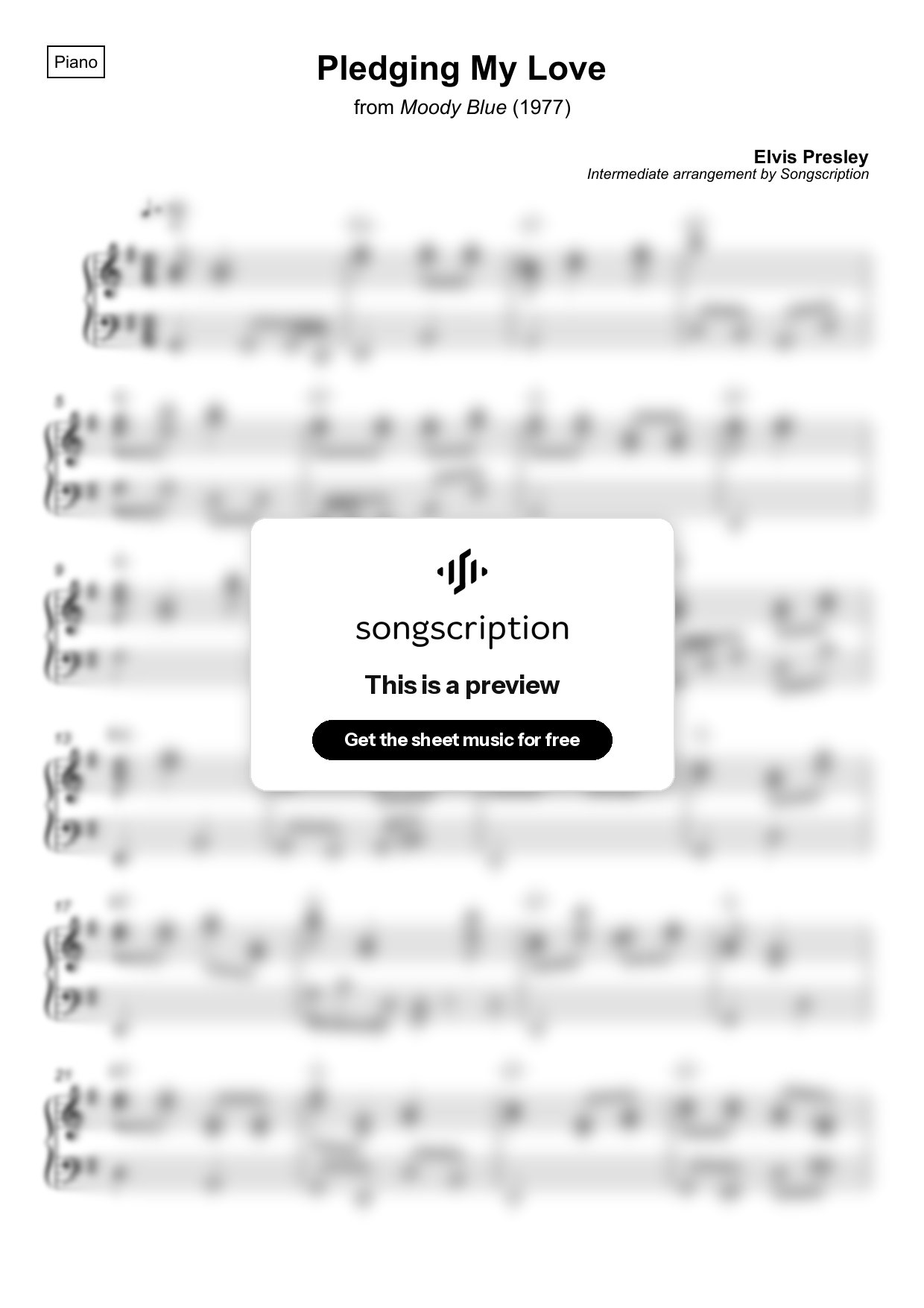 Intermediate Piano Sheet Music for "Pledging My Love" by Elvis Presley