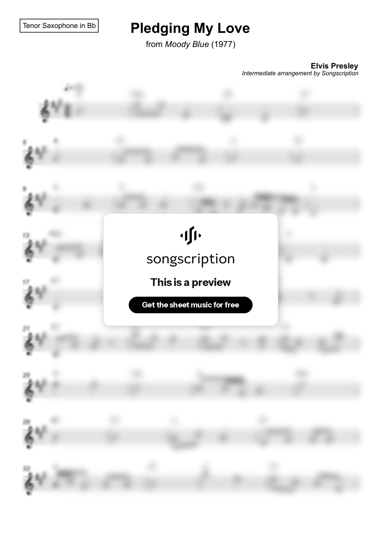 Intermediate Tenor Sax Sheet Music for "Pledging My Love" by Elvis Presley