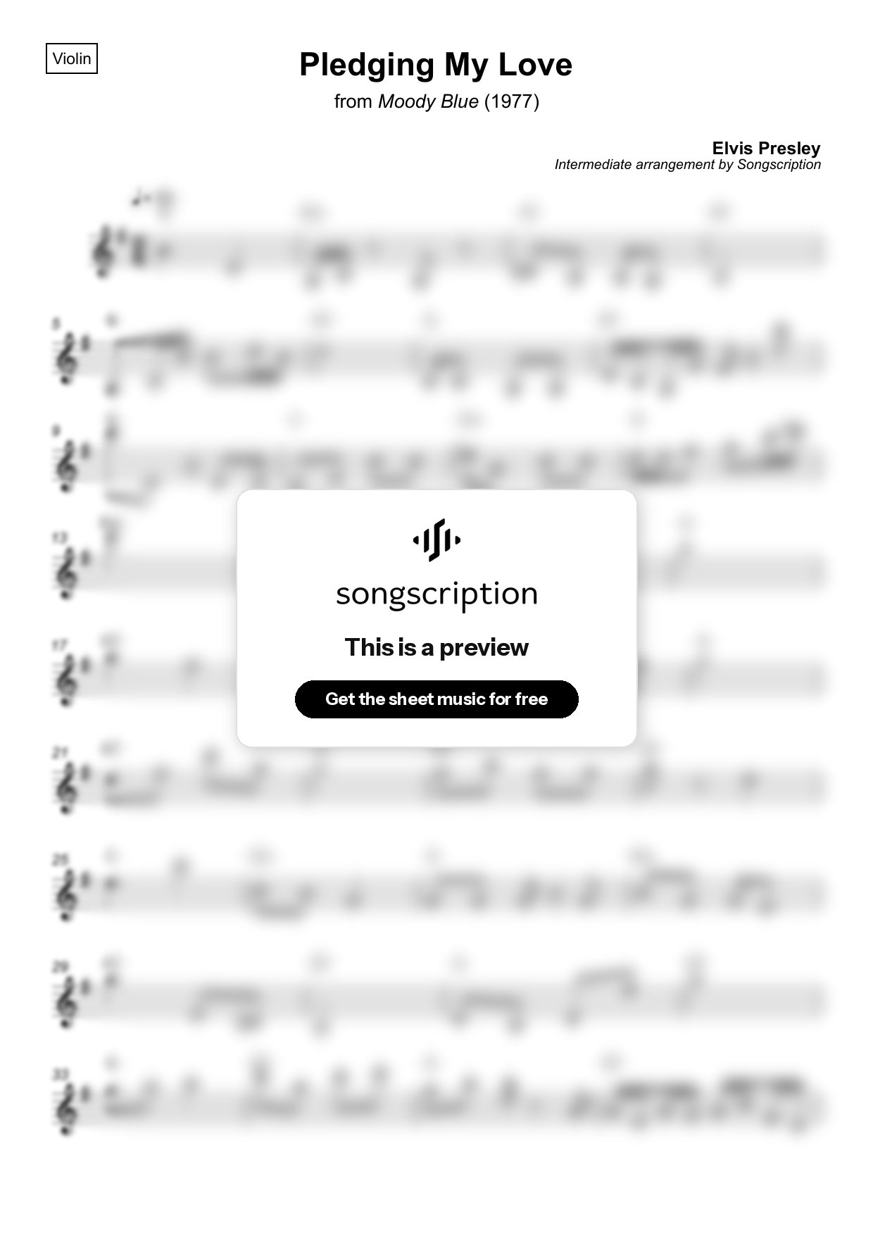 Intermediate Violin Sheet Music for "Pledging My Love" by Elvis Presley