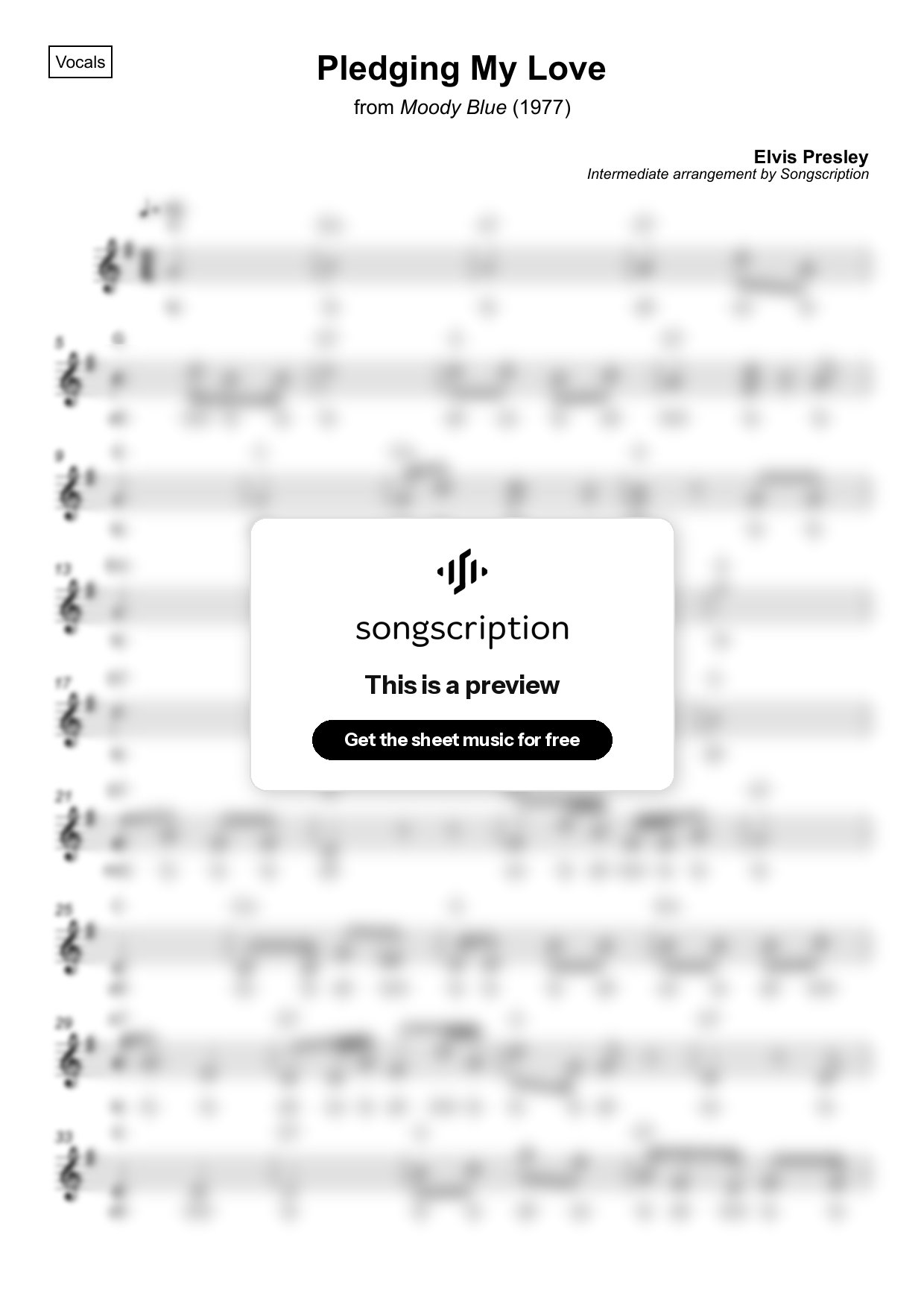 Intermediate Vocals Sheet Music for "Pledging My Love" by Elvis Presley