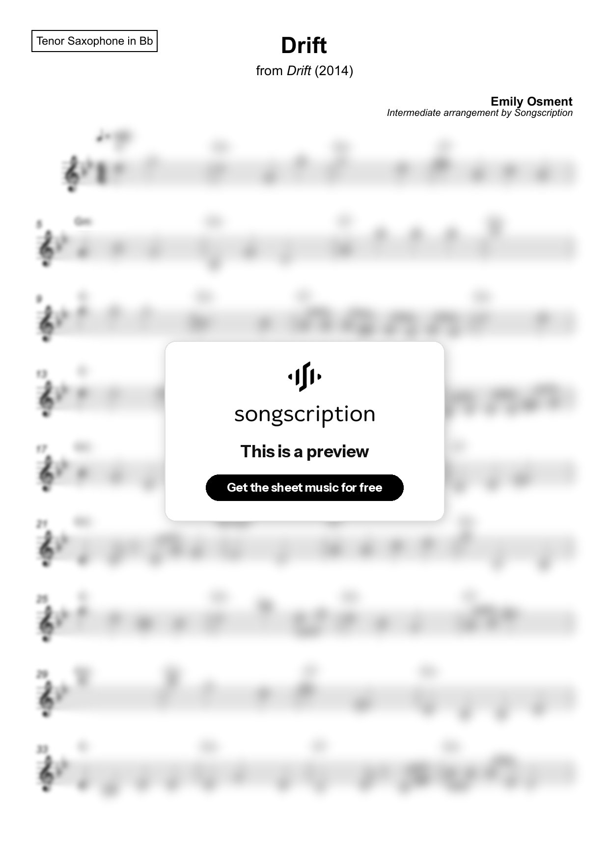 Intermediate Tenor Sax Sheet Music for "Drift" by Emily Osment