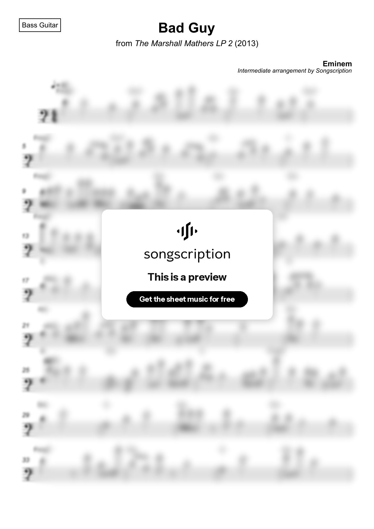Intermediate Bass Guitar Sheet Music for "Bad Guy" by Eminem