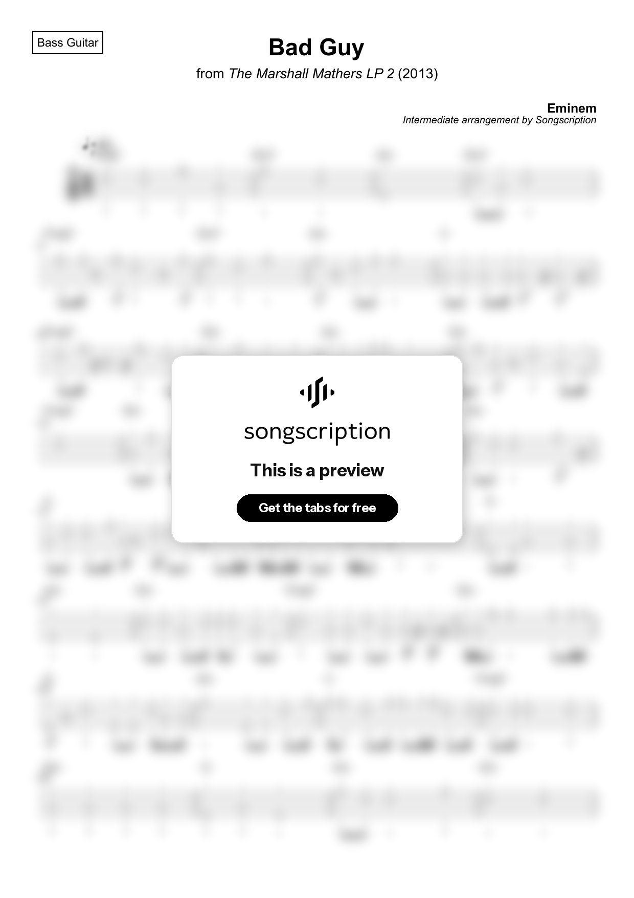 Intermediate Bass Guitar Tabs for "Bad Guy" by Eminem