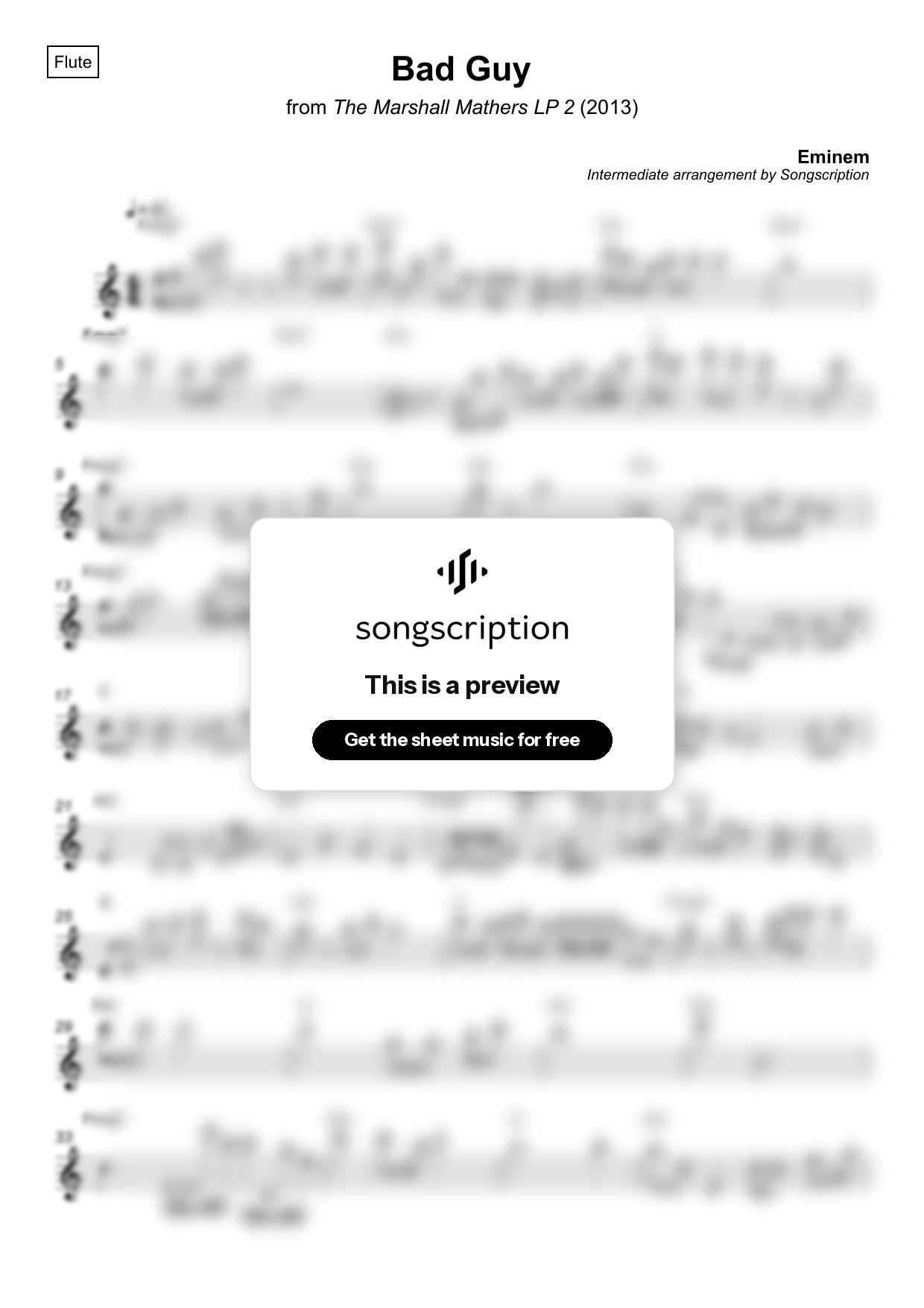 Intermediate Flute Sheet Music for "Bad Guy" by Eminem