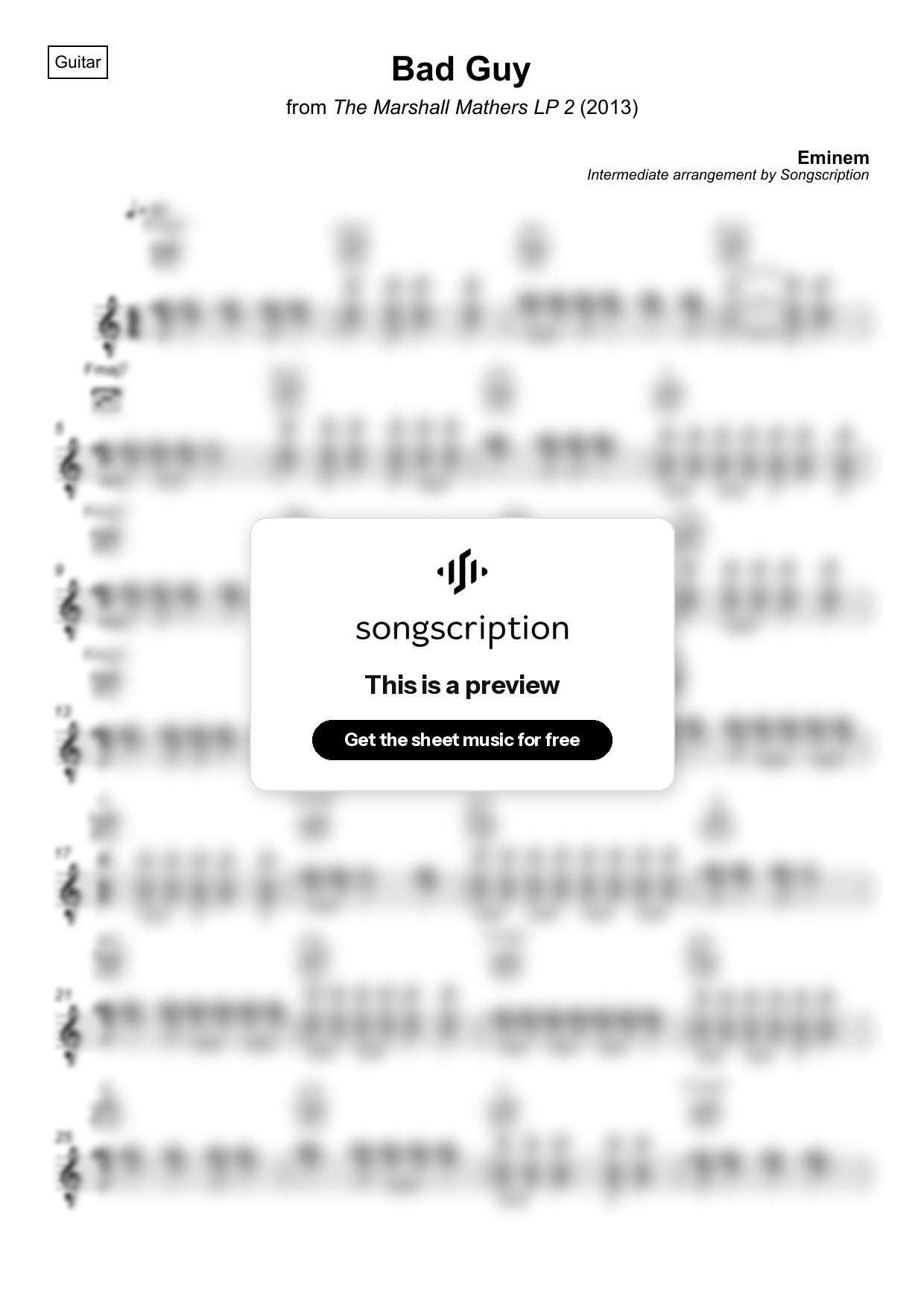 Intermediate Acoustic Guitar Sheet Music for "Bad Guy" by Eminem