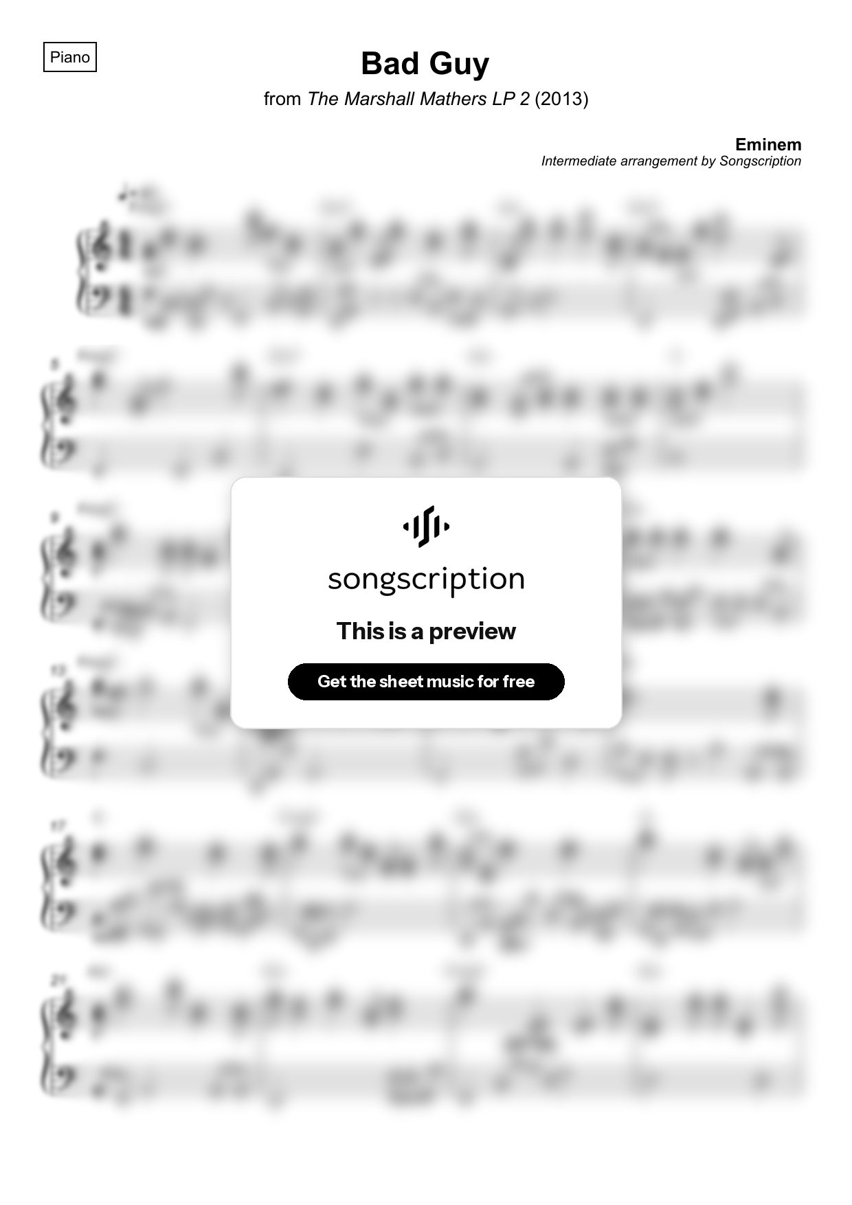 Intermediate Piano Sheet Music for "Bad Guy" by Eminem
