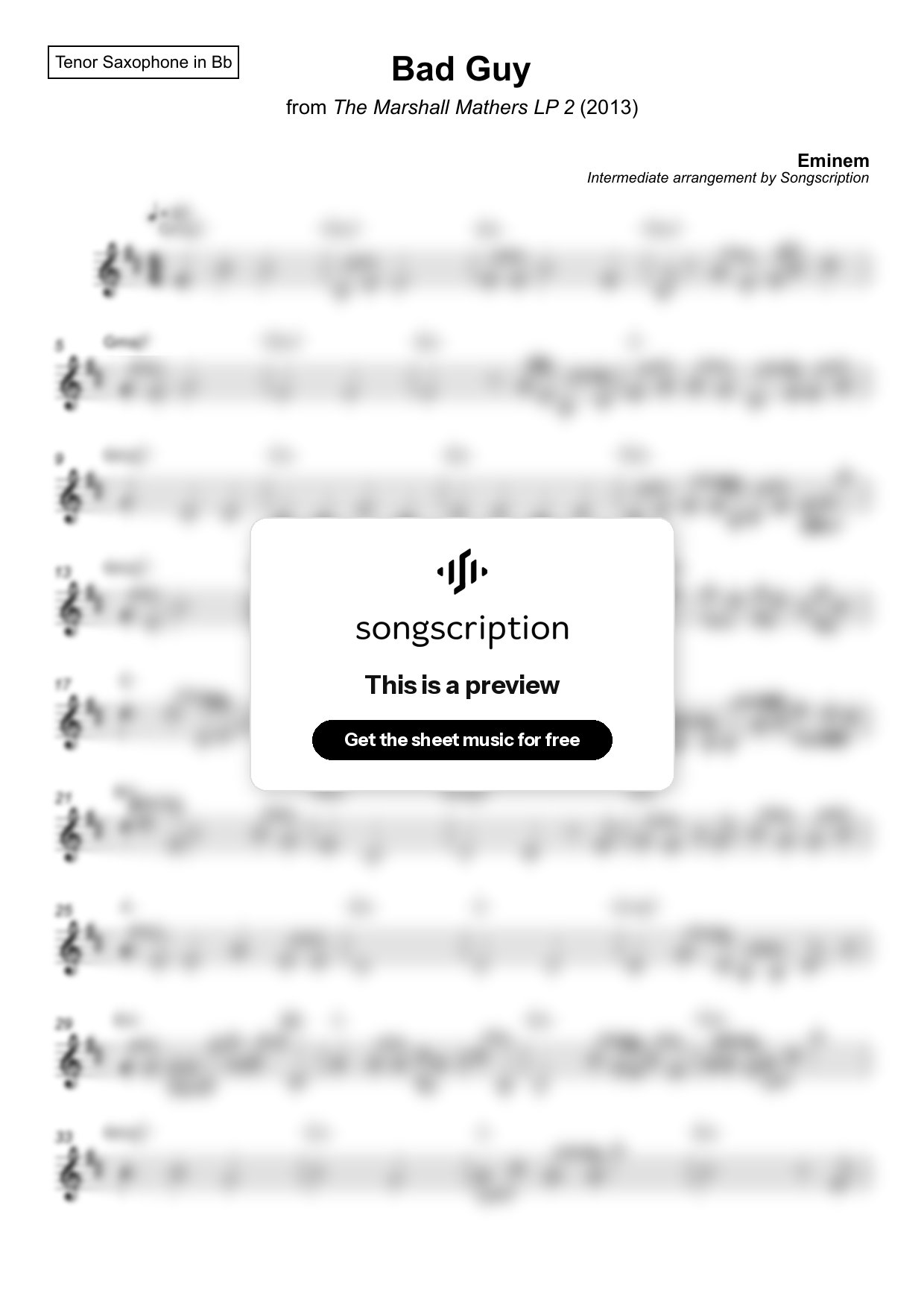 Intermediate Tenor Sax Sheet Music for "Bad Guy" by Eminem