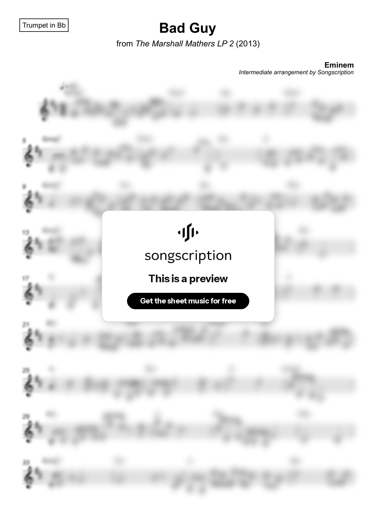Intermediate Trumpet Sheet Music for "Bad Guy" by Eminem