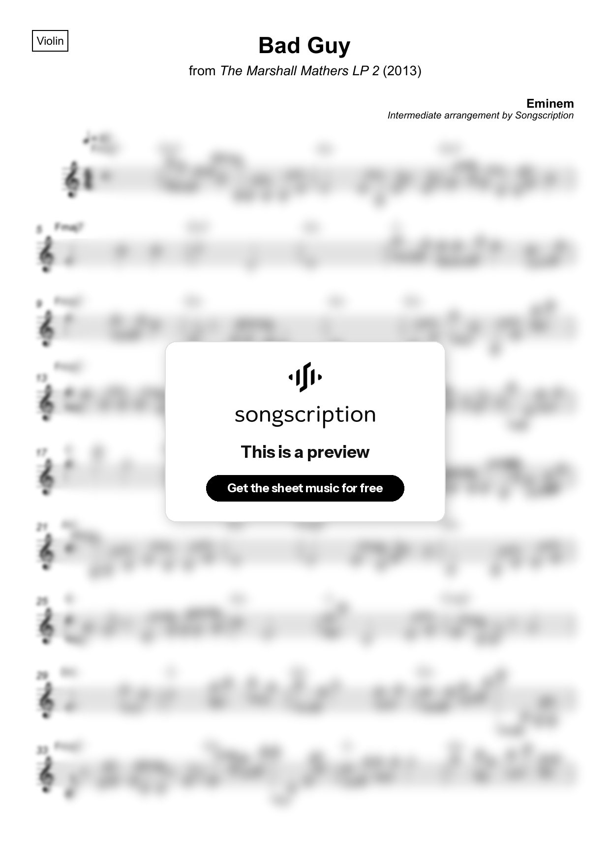 Intermediate Violin Sheet Music for "Bad Guy" by Eminem