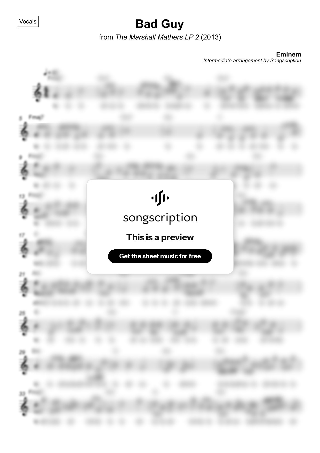 Intermediate Vocals Sheet Music for "Bad Guy" by Eminem