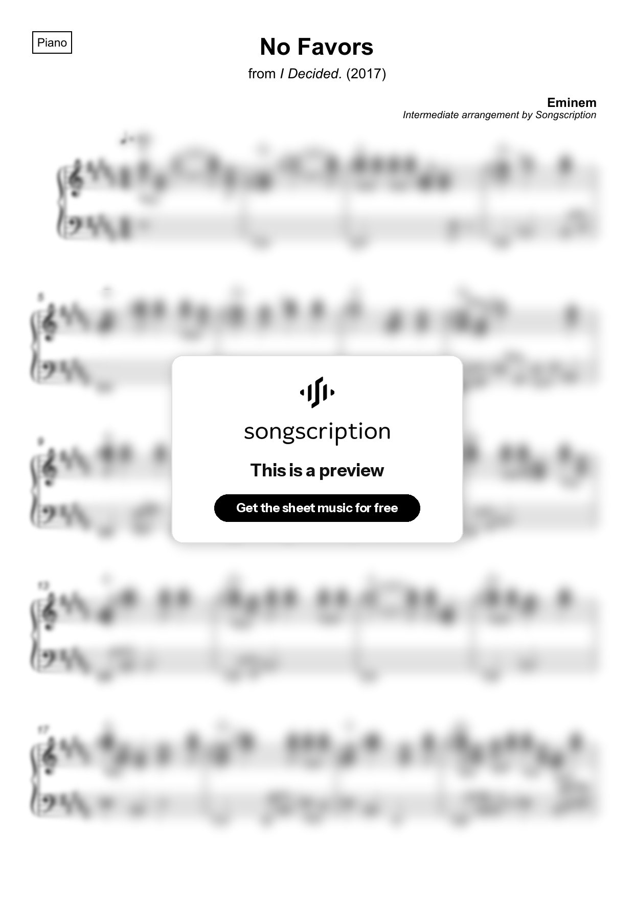 Intermediate Piano Sheet Music for "No Favors" by Eminem