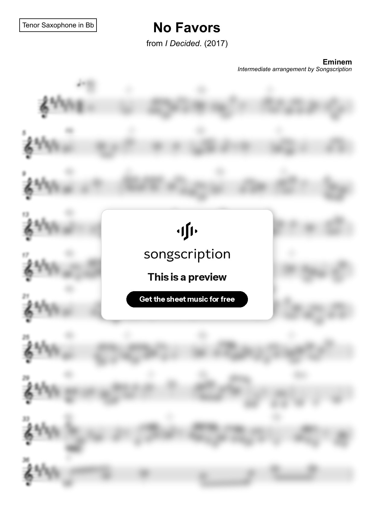 Intermediate Tenor Sax Sheet Music for "No Favors" by Eminem