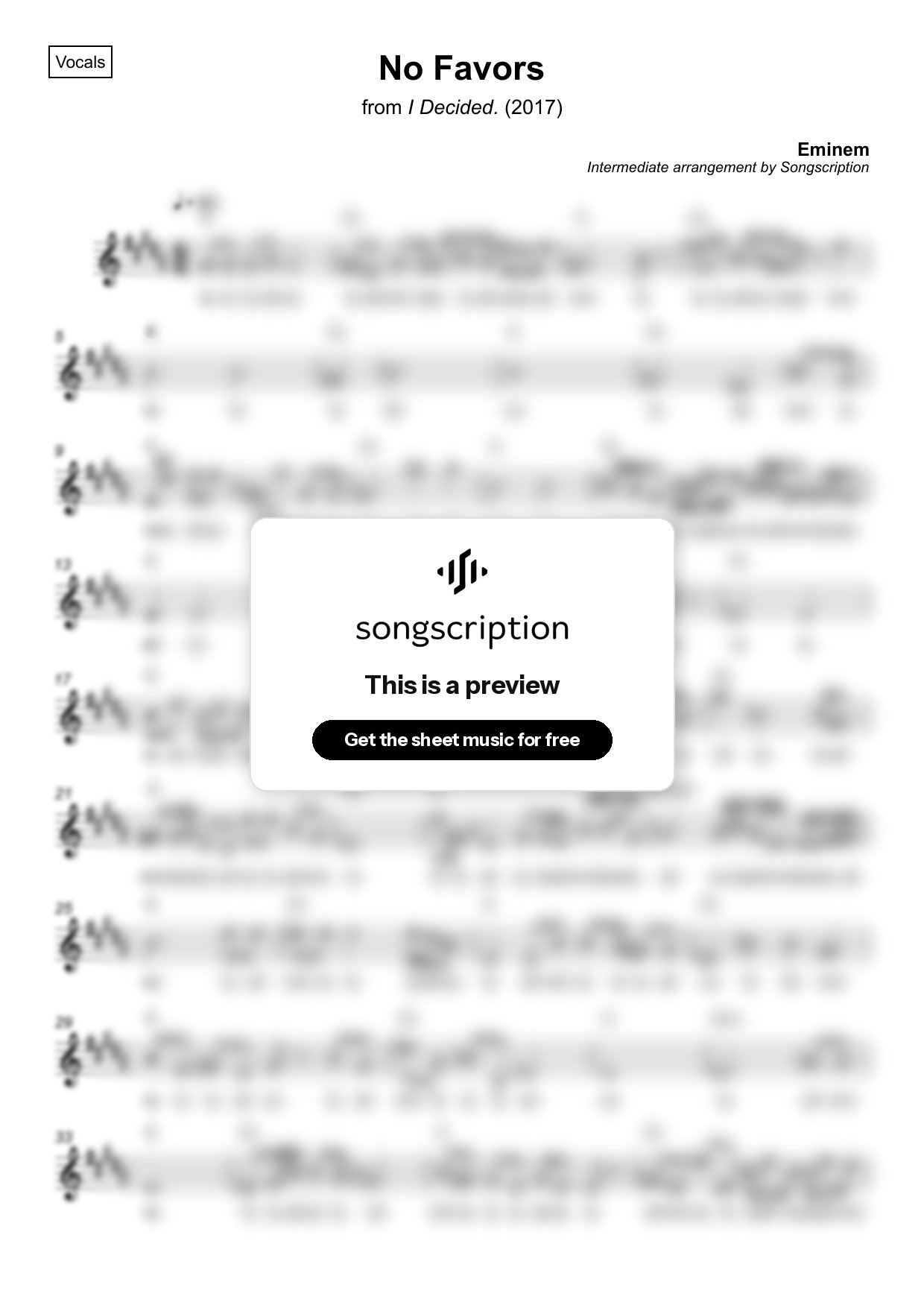 Intermediate Vocals Sheet Music for "No Favors" by Eminem