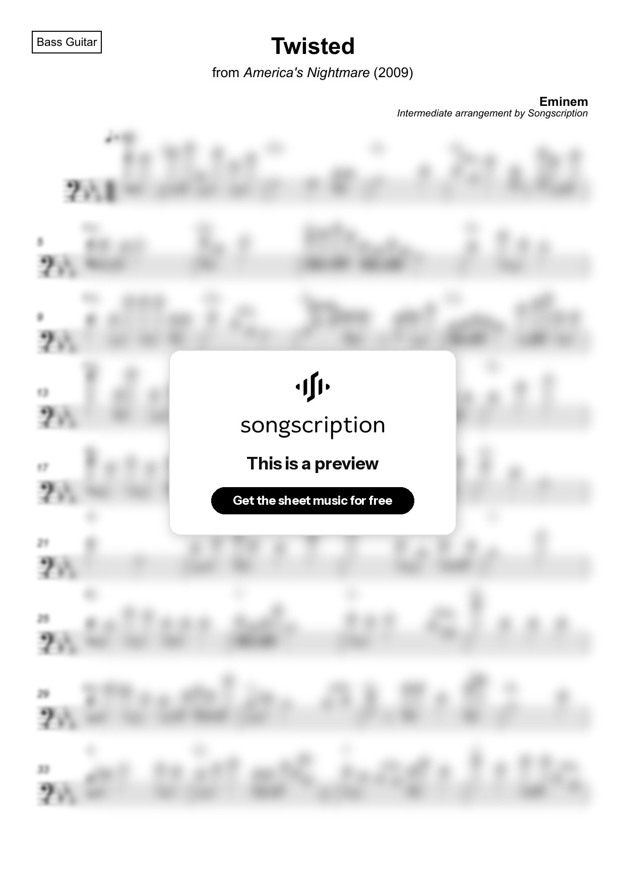 Intermediate Bass Guitar Sheet Music for "Twisted" by Eminem