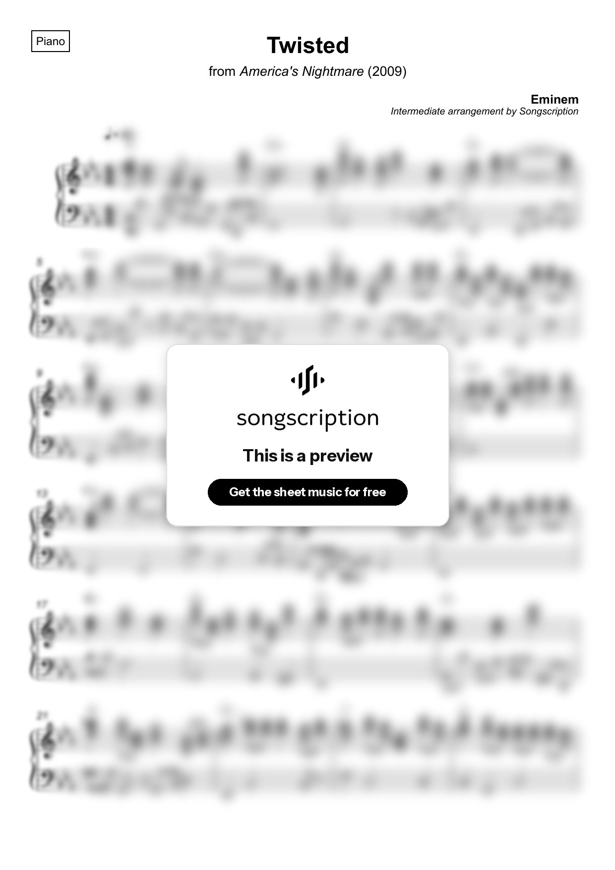 Intermediate Piano Sheet Music for "Twisted" by Eminem