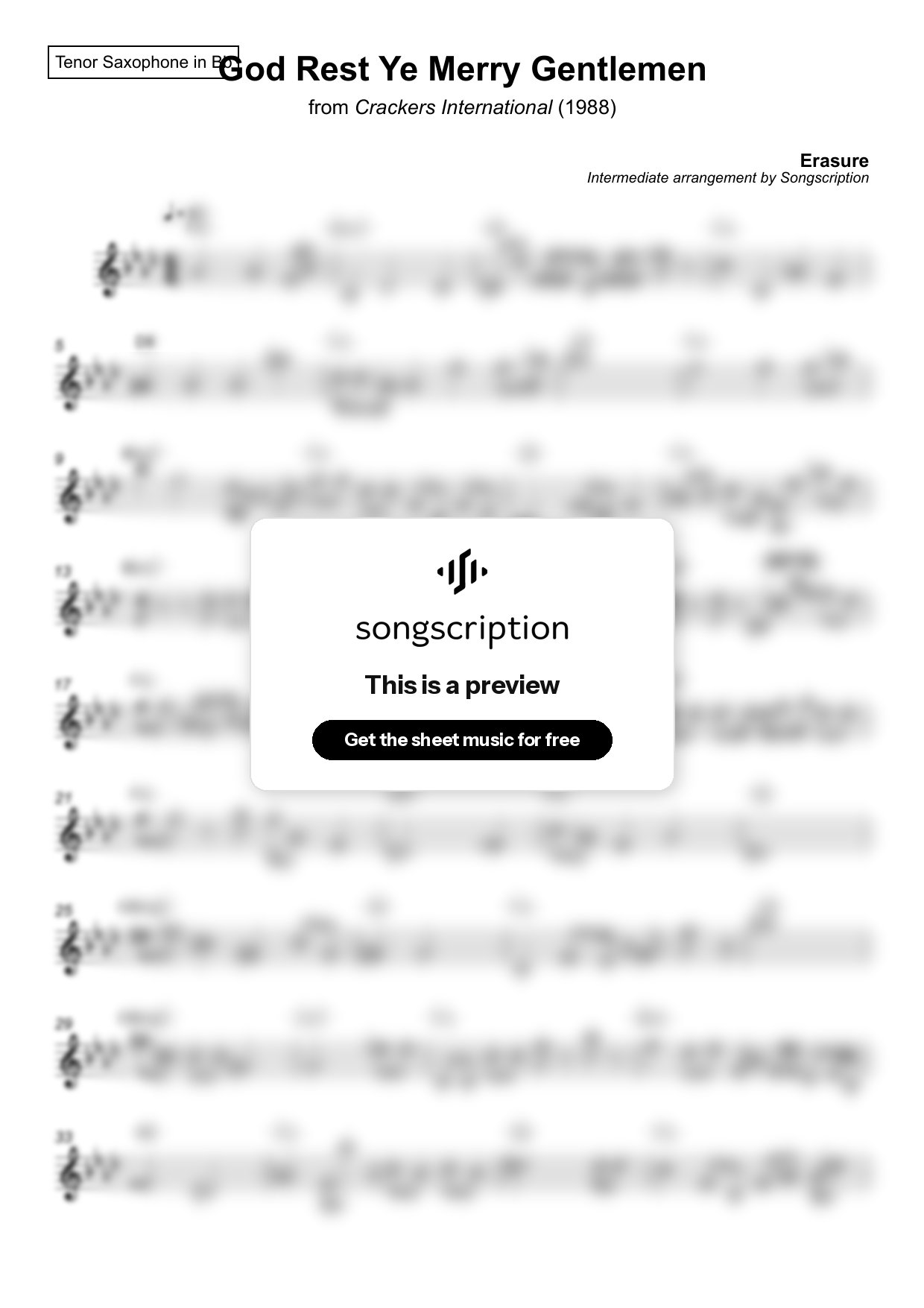 Intermediate Tenor Sax Sheet Music for "God Rest Ye Merry Gentlemen" by Erasure