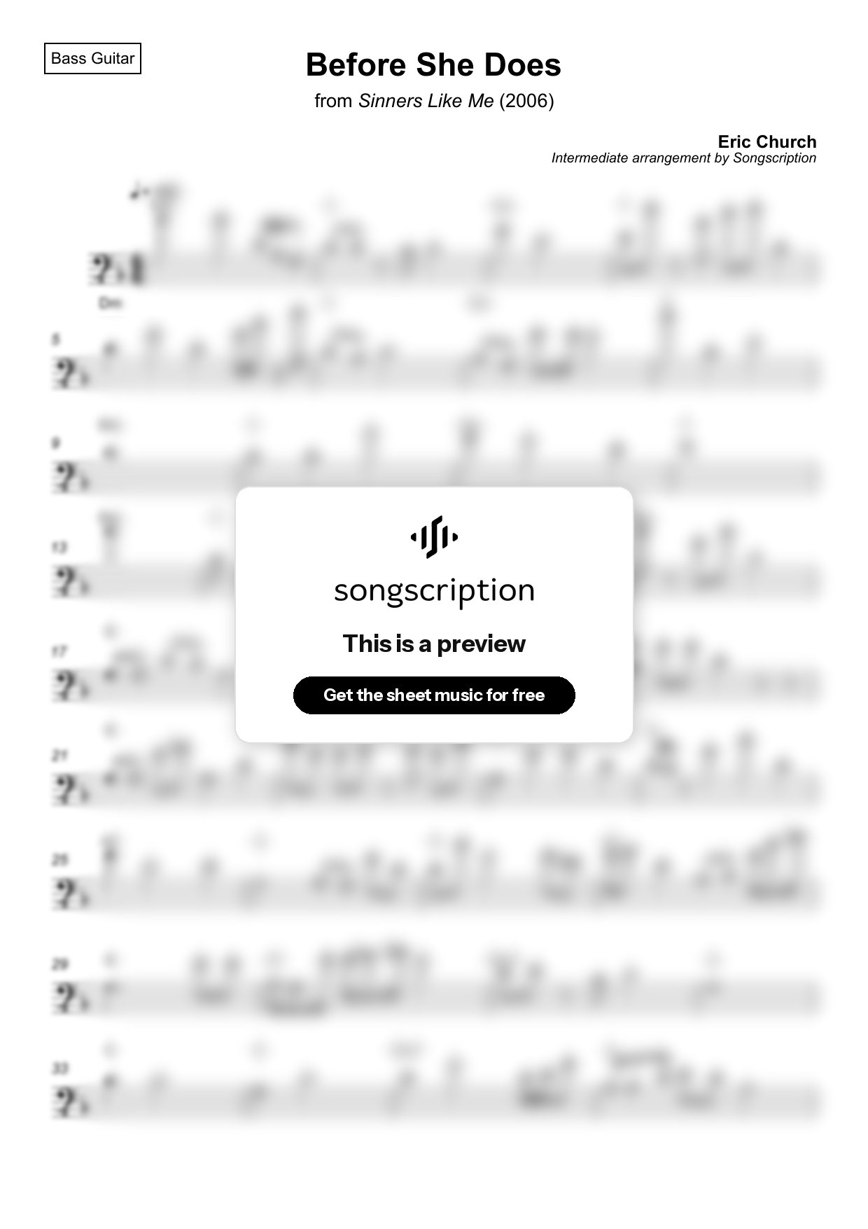 Intermediate Bass Guitar Sheet Music for "Before She Does" by Eric Church