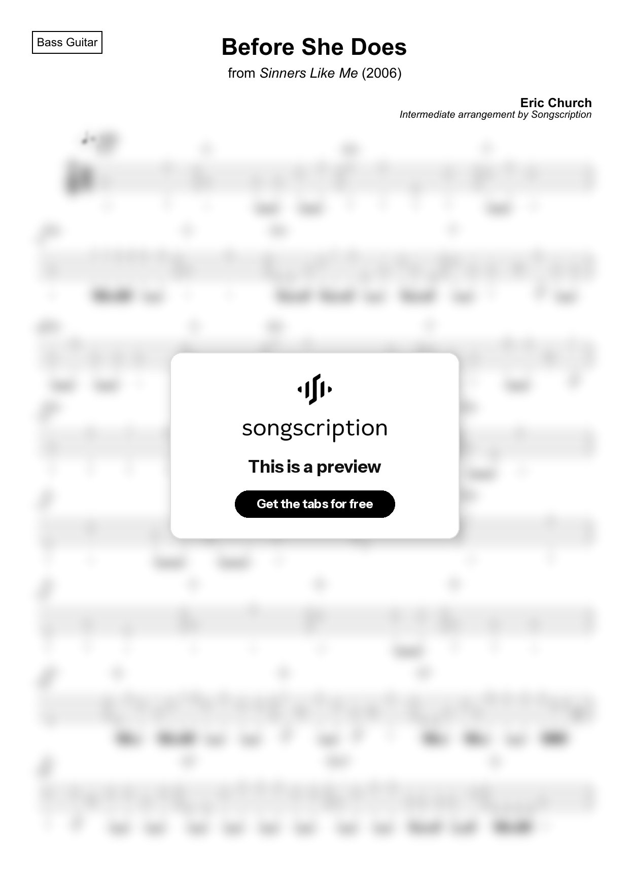 Intermediate Bass Guitar Tabs for "Before She Does" by Eric Church