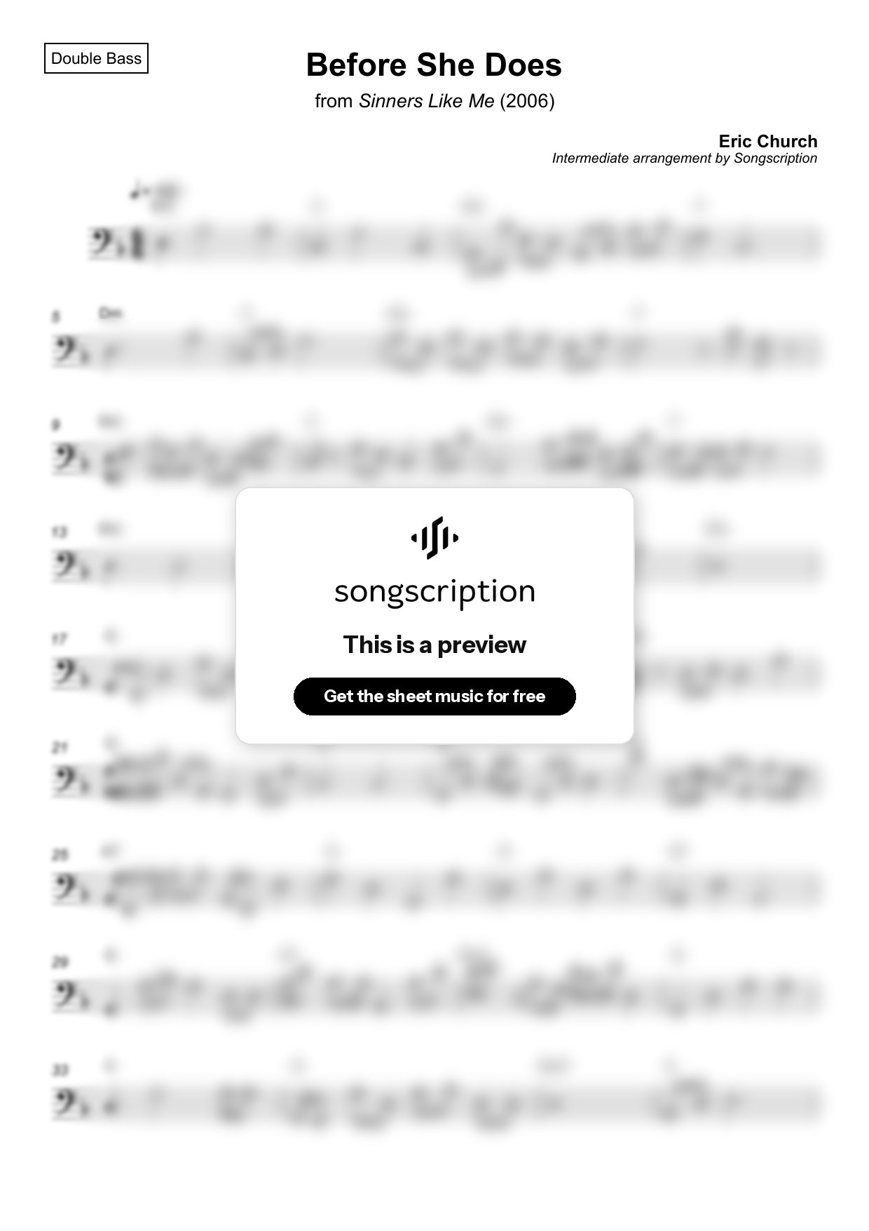 Intermediate Double Bass Sheet Music for "Before She Does" by Eric Church