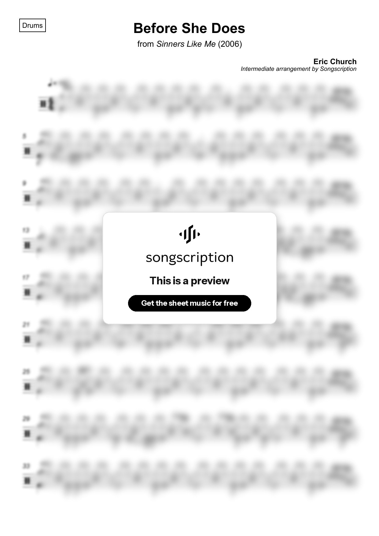 Intermediate Drums Sheet Music for "Before She Does" by Eric Church