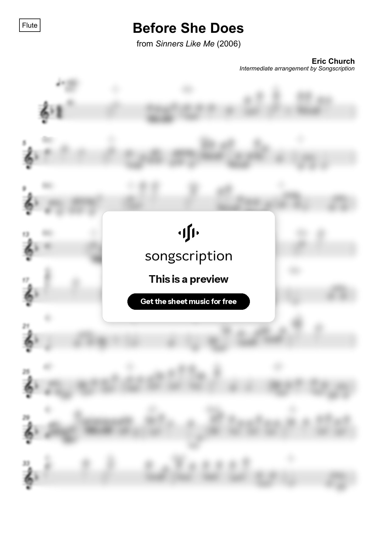 Intermediate Flute Sheet Music for "Before She Does" by Eric Church