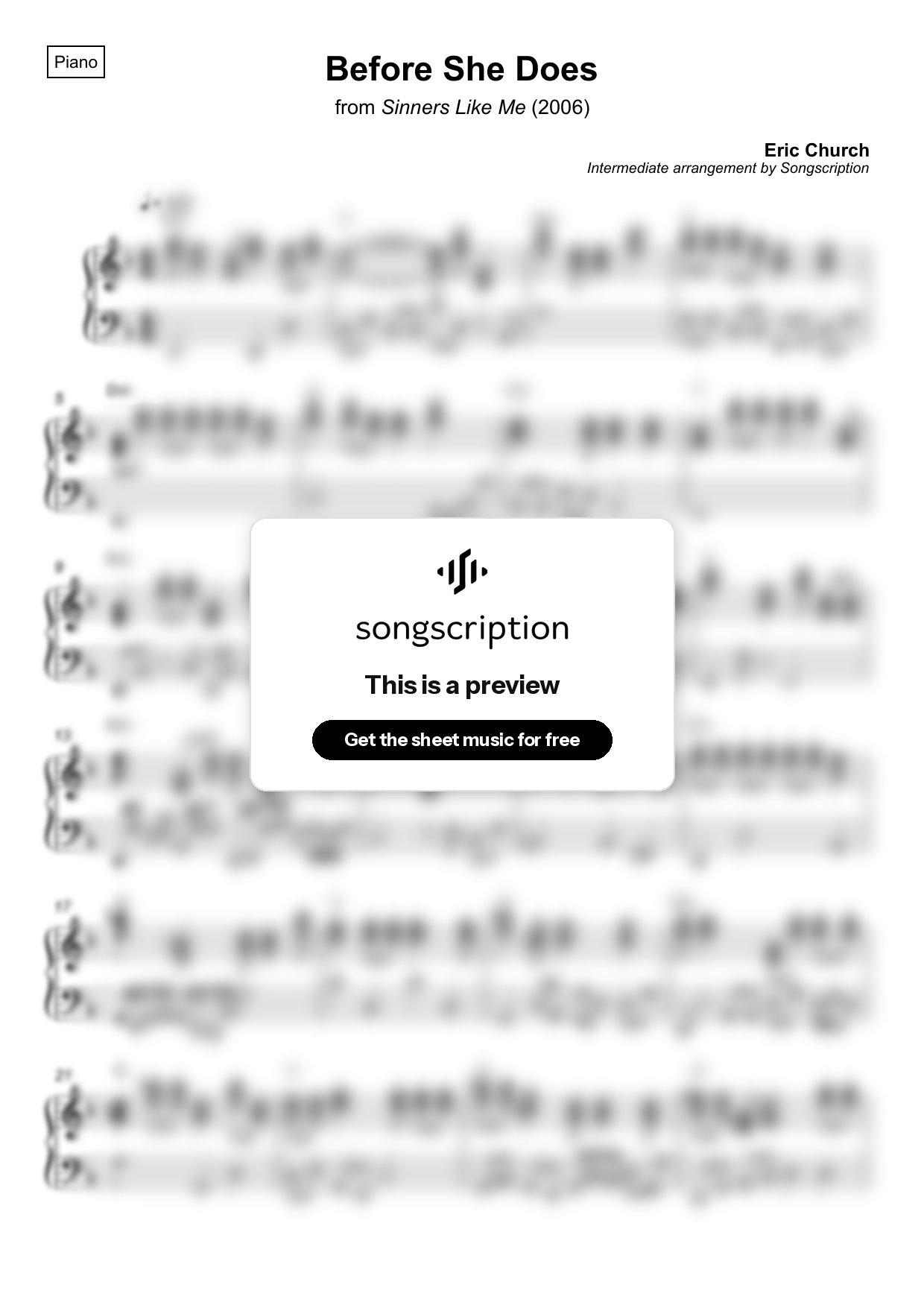 Intermediate Piano Sheet Music for "Before She Does" by Eric Church