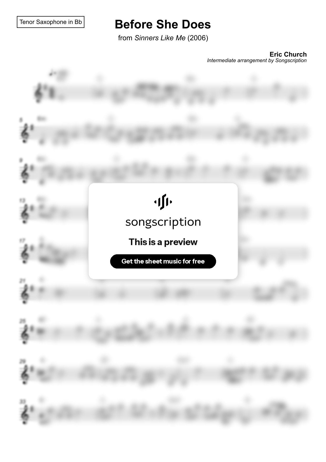 Intermediate Tenor Sax Sheet Music for "Before She Does" by Eric Church