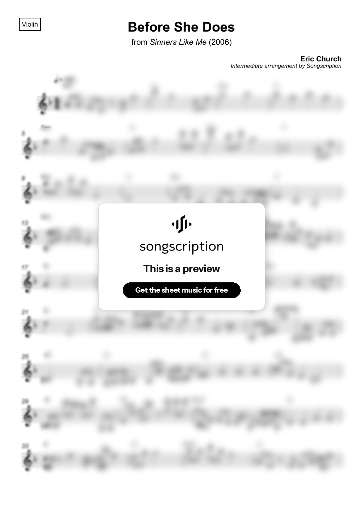 Intermediate Violin Sheet Music for "Before She Does" by Eric Church